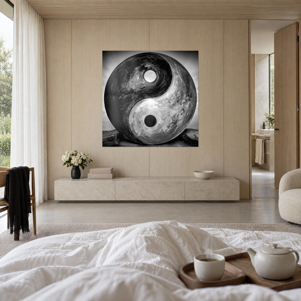Tableau sphère yin yang texturée en noir profond et blanc nacré, accroché face à un lit blanc dans une chambre claire