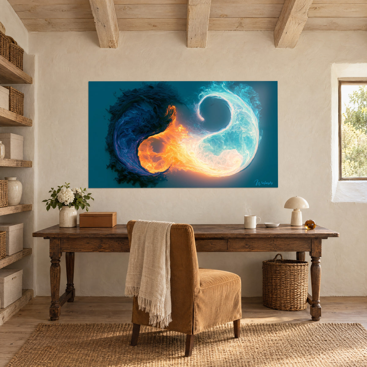 Quadro con cerchio yin yang di fumi arancio ardente e blu profondo su sfondo turchese, sopra una scrivania in legno antico