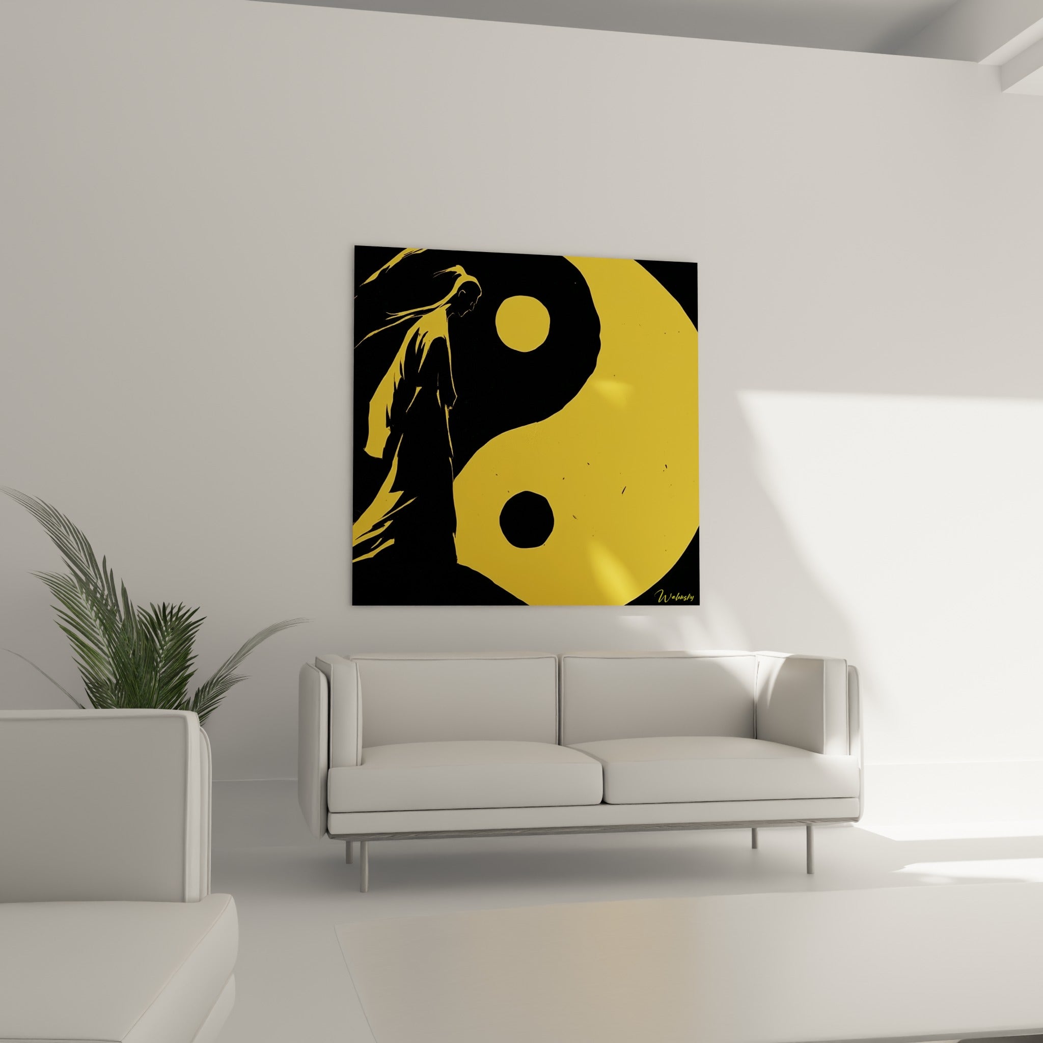 Symbole Yin Yang doré et anthracite avec silhouette voilée, au-dessus d'un canapé dans un salon lumineux