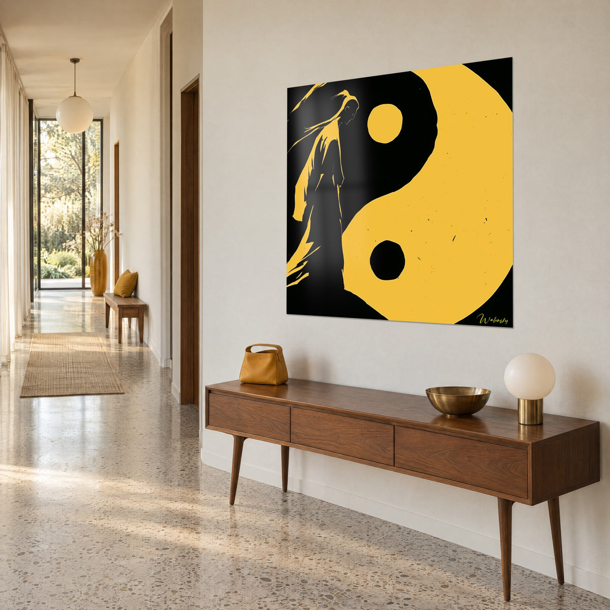 Wall art meditative walker in black and saffron yellow flat shapes, flowing hair, above a hallway with beige walls in perspective