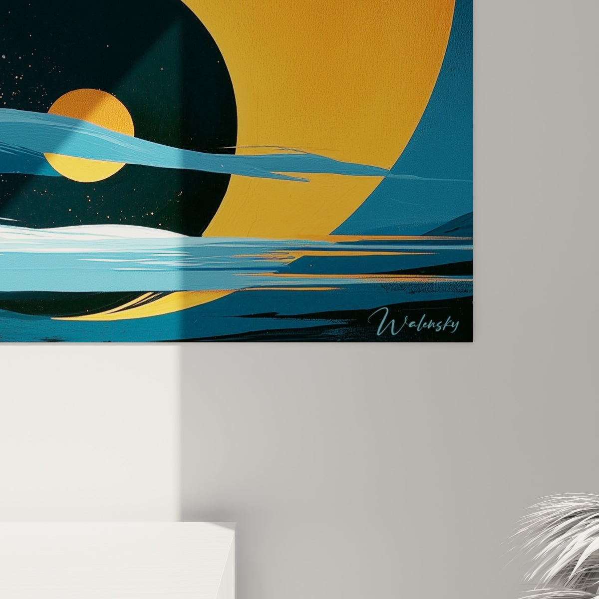 Matière picturale du Yin Yang, coulures orange et touches bleu turquoise se mêlant en surface