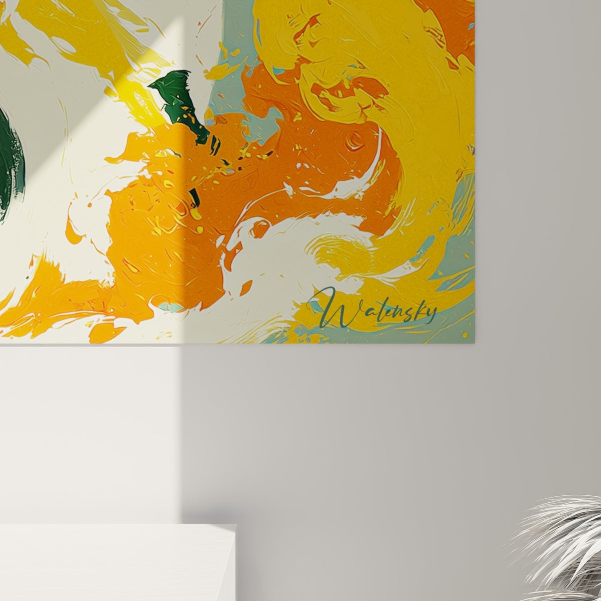Empâtements orangés et coulures vert anthracite du tableau Yin Yang révélant la matière picturale de près