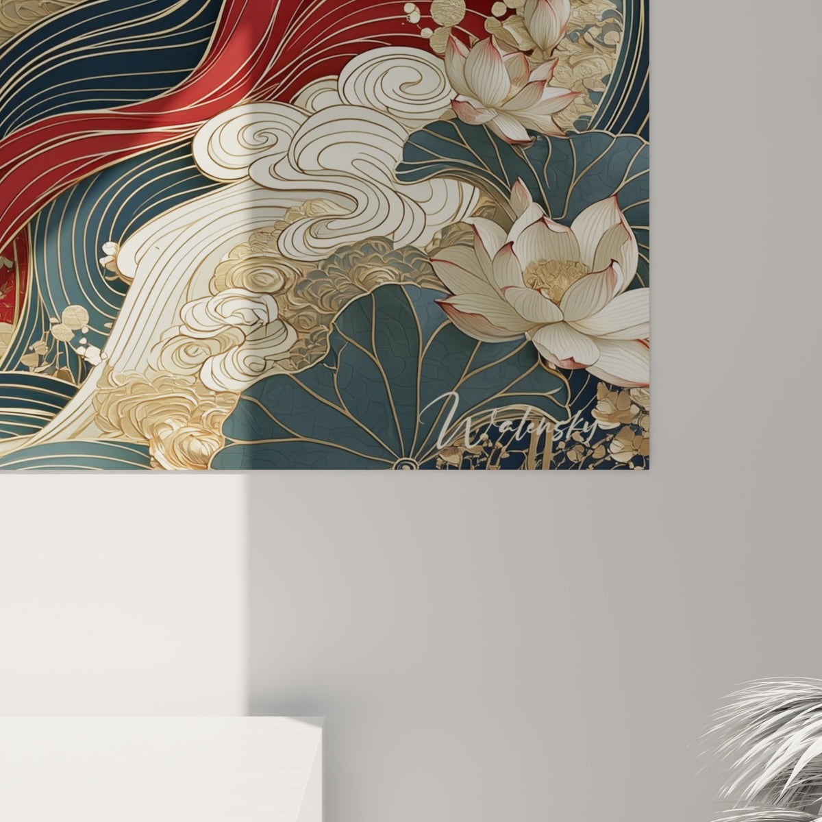 Écailles du dragon bleu marine et empâtements dorés révélant la texture fine du tableau Yin Yang