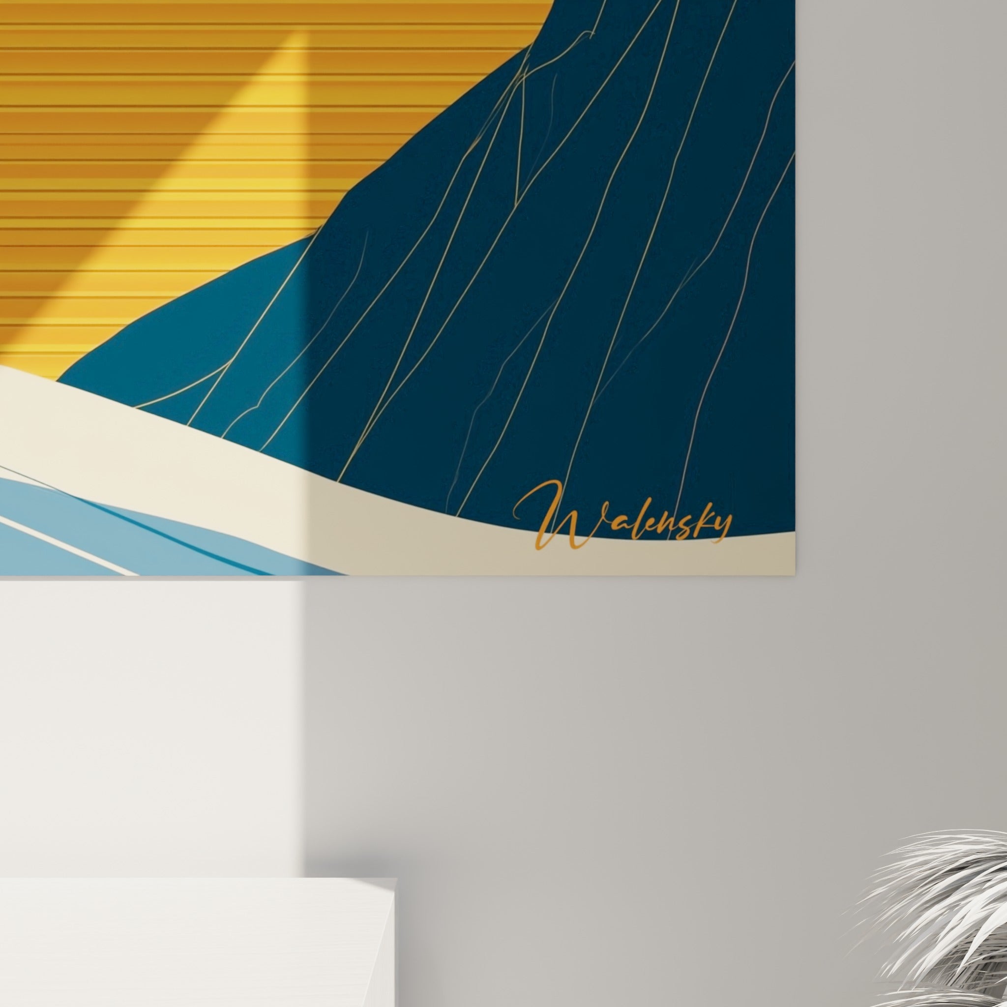 Détail du grain et des traits fins de la vague bleu pastel et du disque noir du Yin Yang