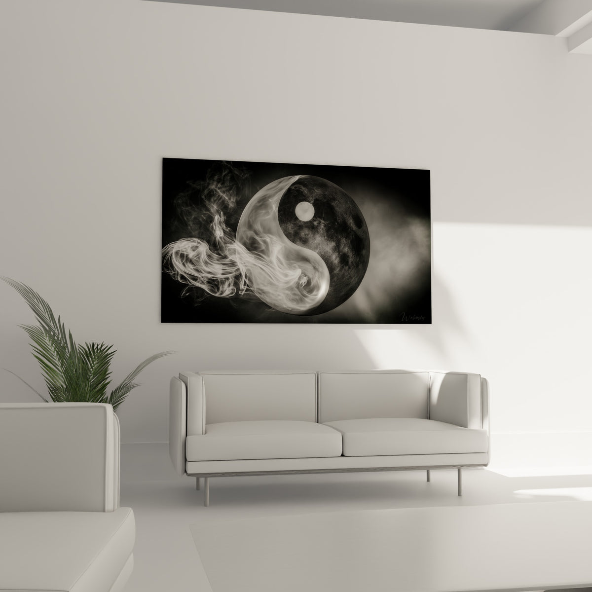 Fumée vaporeuse blanche enlaçant une sphère anthracite granuleuse, Yin Yang au-dessus d'un canapé dans un salon lumineux