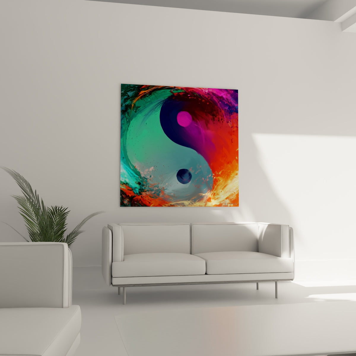 Tourbillon Yin Yang violet et vert d'eau au-dessus d'un canapé dans un salon lumineux