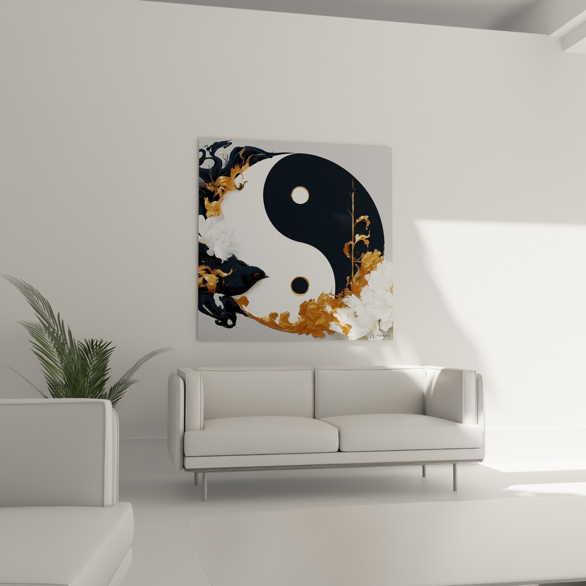Pivoines blanches entourant un Yin Yang anthracite et doré, au-dessus d'un canapé dans un salon lumineux