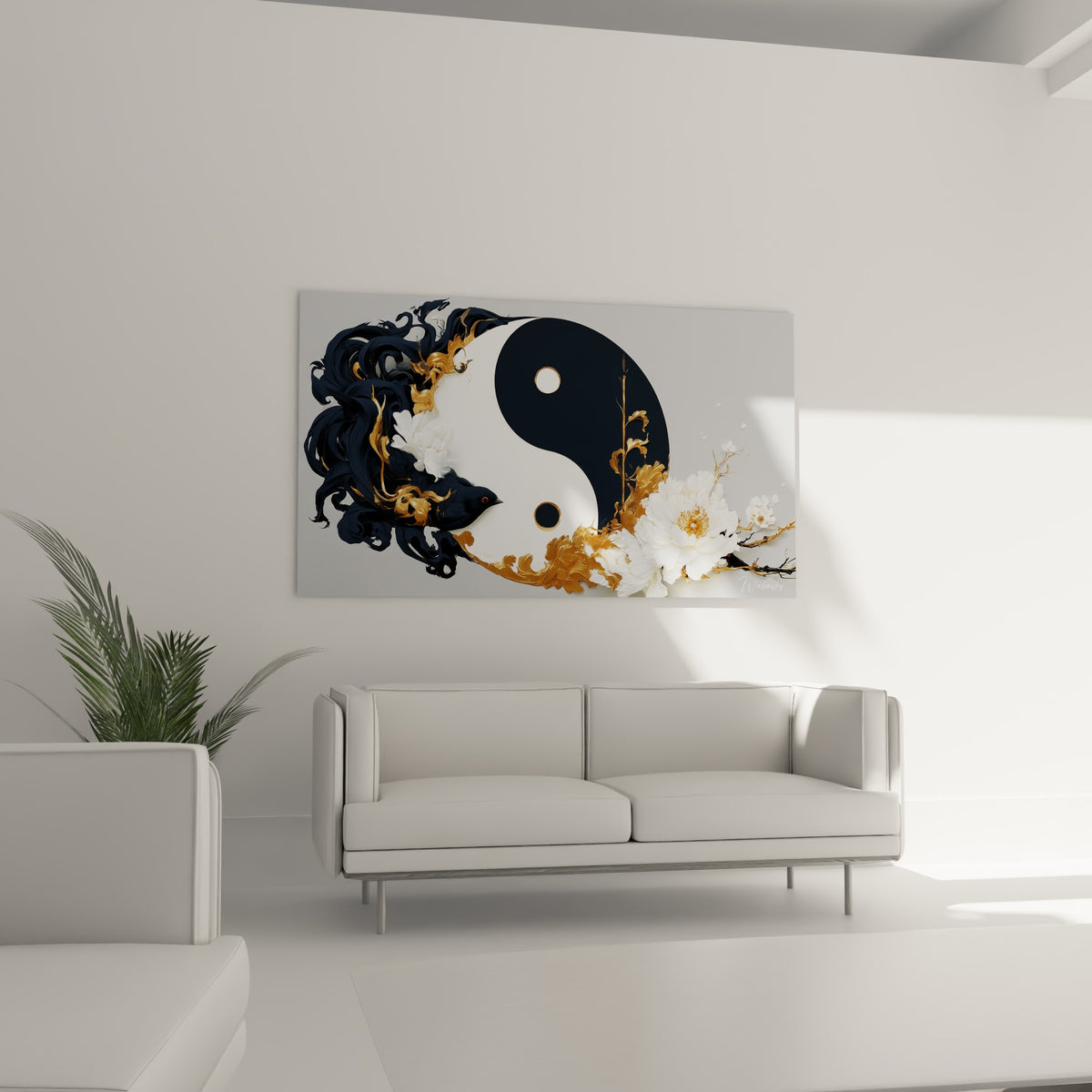 Oiseau noir et volutes dorées du Yin Yang au-dessus d'un canapé dans un salon lumineux
