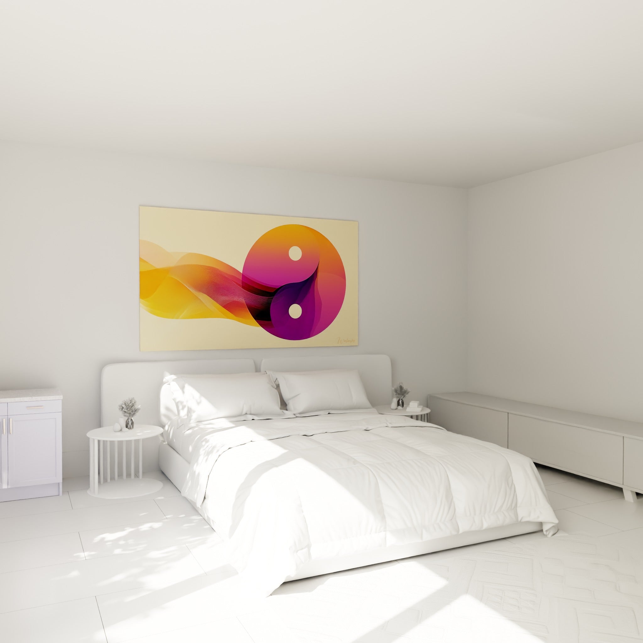 Volutes orangées et cercle violet du Yin Yang au-dessus d'un lit dans une chambre claire