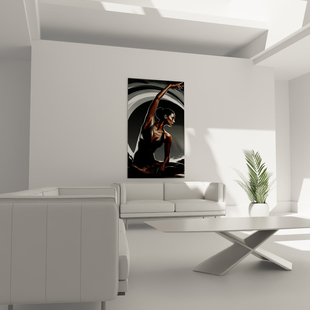 Silhouette yoga en tenue noire au-dessus d'un canapé dans un salon lumineux, contrastes gris et cuivré visibles.