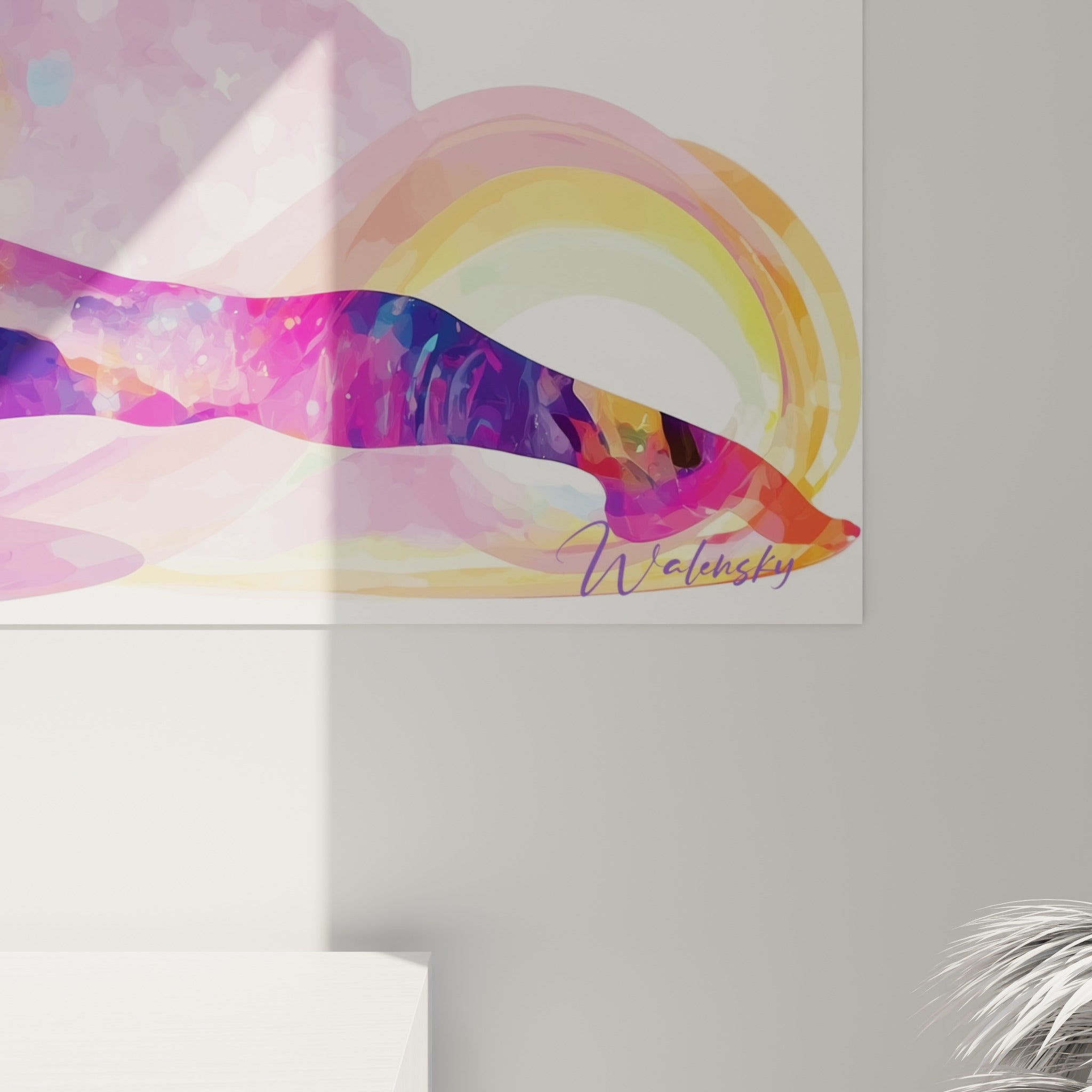 Détail des touches roses et dorées mêlées de particules bleutées sur ce tableau yoga aquarelle