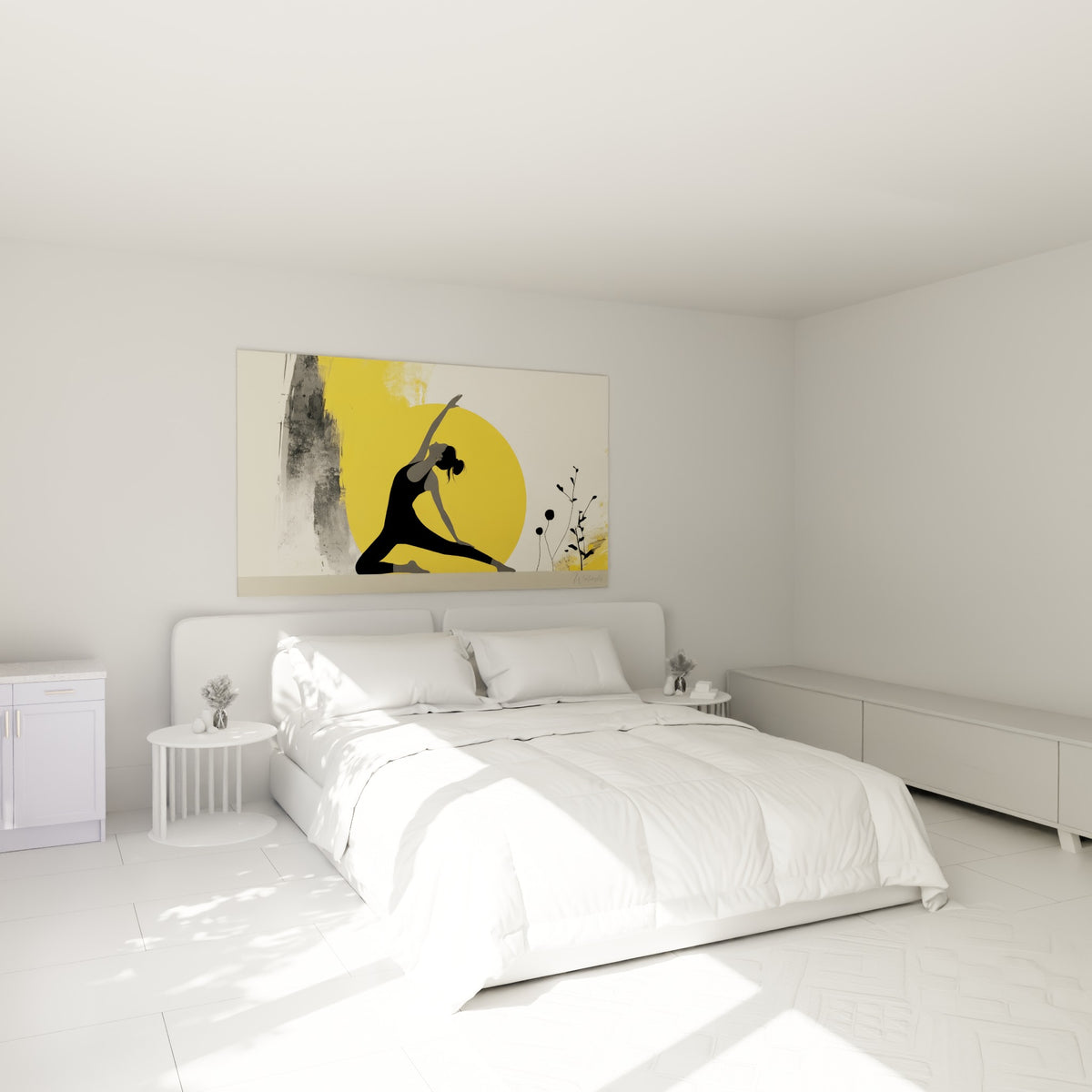 Pratiquante de yoga en étirement noir et doré, accrochée au-dessus d'un lit dans une chambre claire