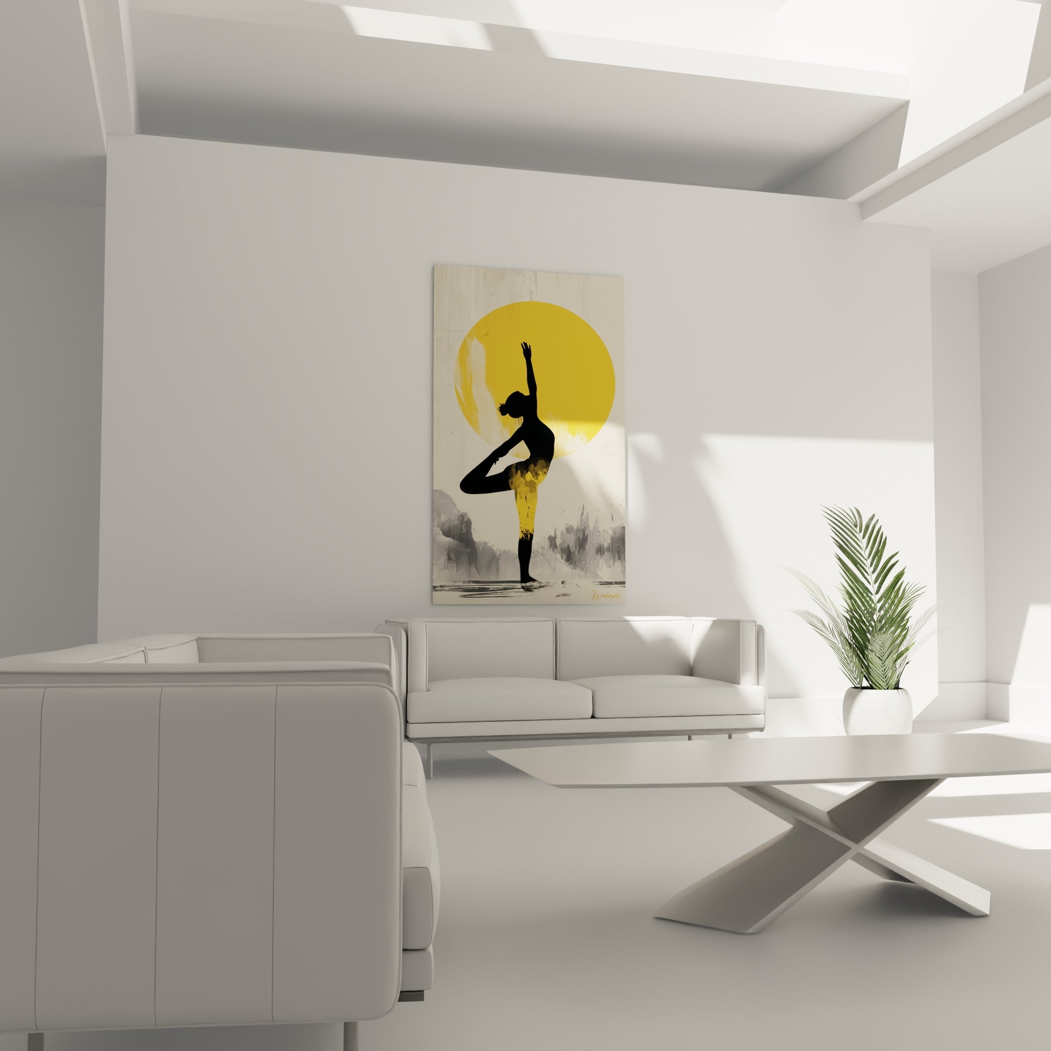Posture de yoga silhouettée en noir avec disque solaire ocre, au-dessus d'un canapé dans un salon lumineux