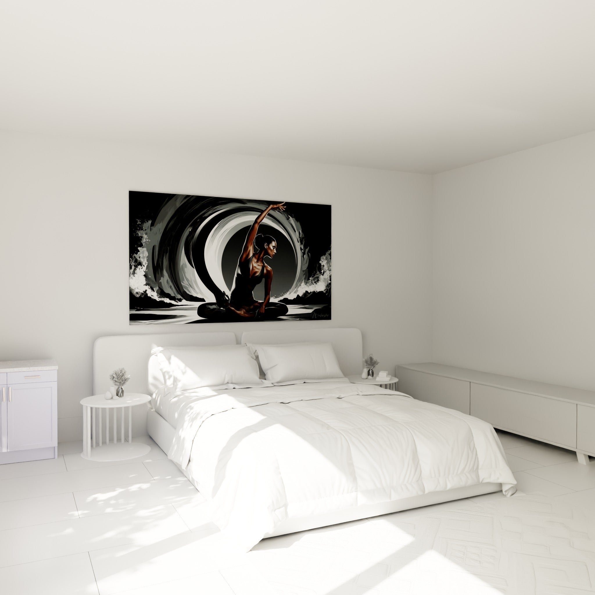Posture de yoga en torsion, tons anthracite et blancs, accrochée au-dessus d'un lit dans une chambre claire
