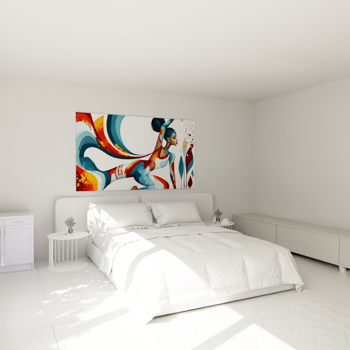 Posture yoga dynamique en orange et bleu marine au-dessus d'un lit dans une chambre claire