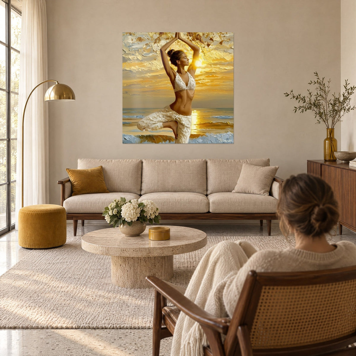 Wall art yogini in tree pose, palms pressed together, golden sun and thickly painted white bikini, a woman seen from behind, above a sofa in a bright living room