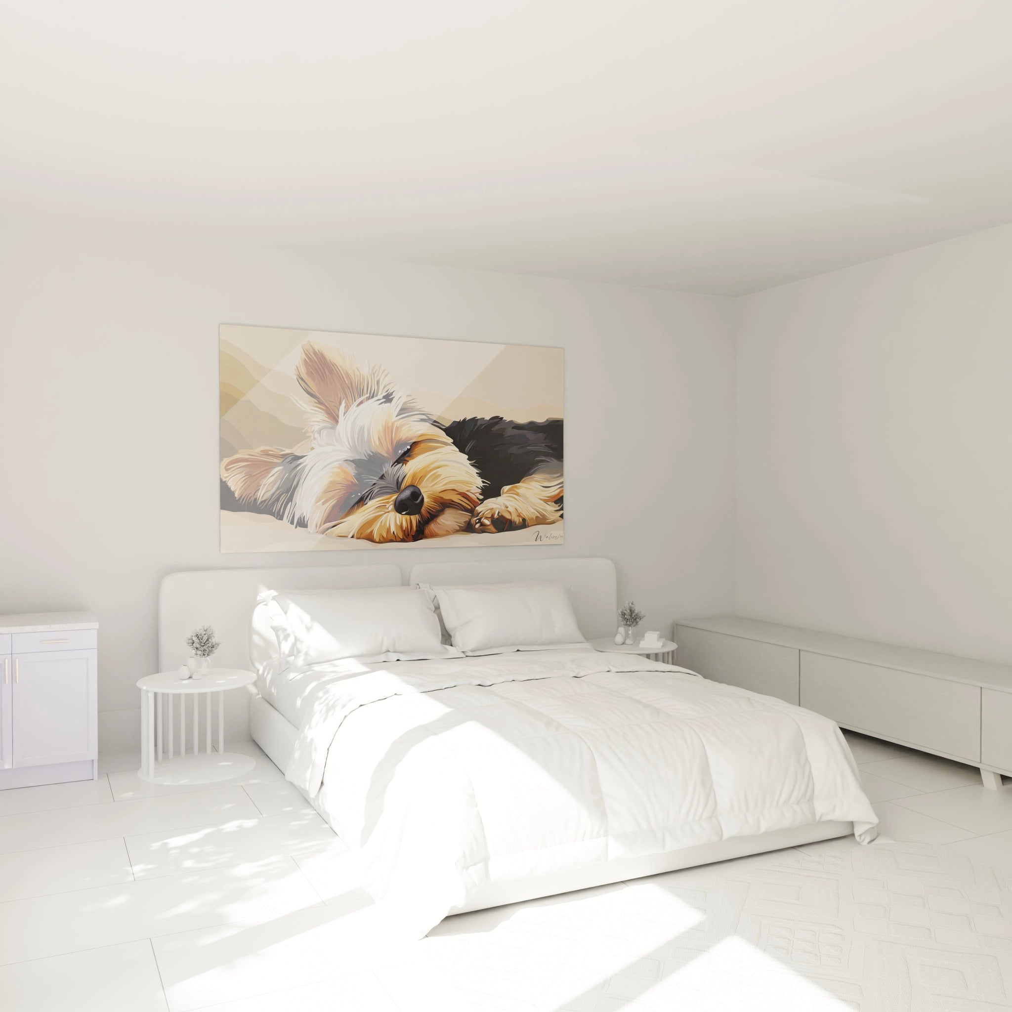 Un tableau Yorkshire en gros plan montrant un terrier au regard expressif. Le portrait capture les détails du museau et des yeux noirs brillants, avec des textures de poils finement rendues en tons marron, blanc crème et noir profond.