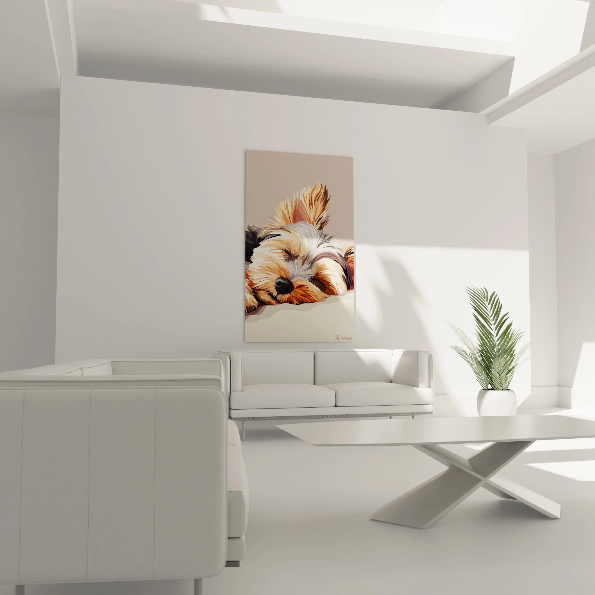 Un tableau Yorkshire terrier capturant un petit chien assoupi, aux poils fins rendus par superposition de formes géométriques. Palette de beige doré, marron chocolat et blanc crème sur fond neutre avec style minimaliste moderne.