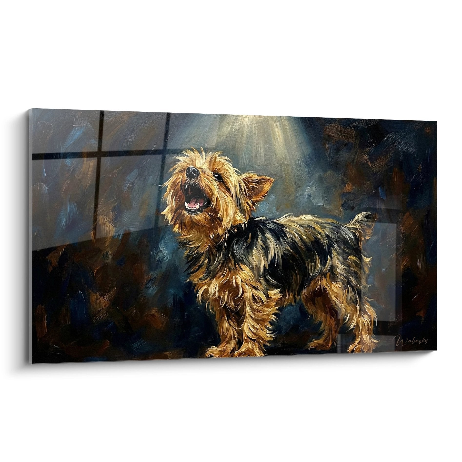 Tableau Yorkshire Terrier doré sous rayon de lumière avec expression joyeuse et pelage soyeux illuminé