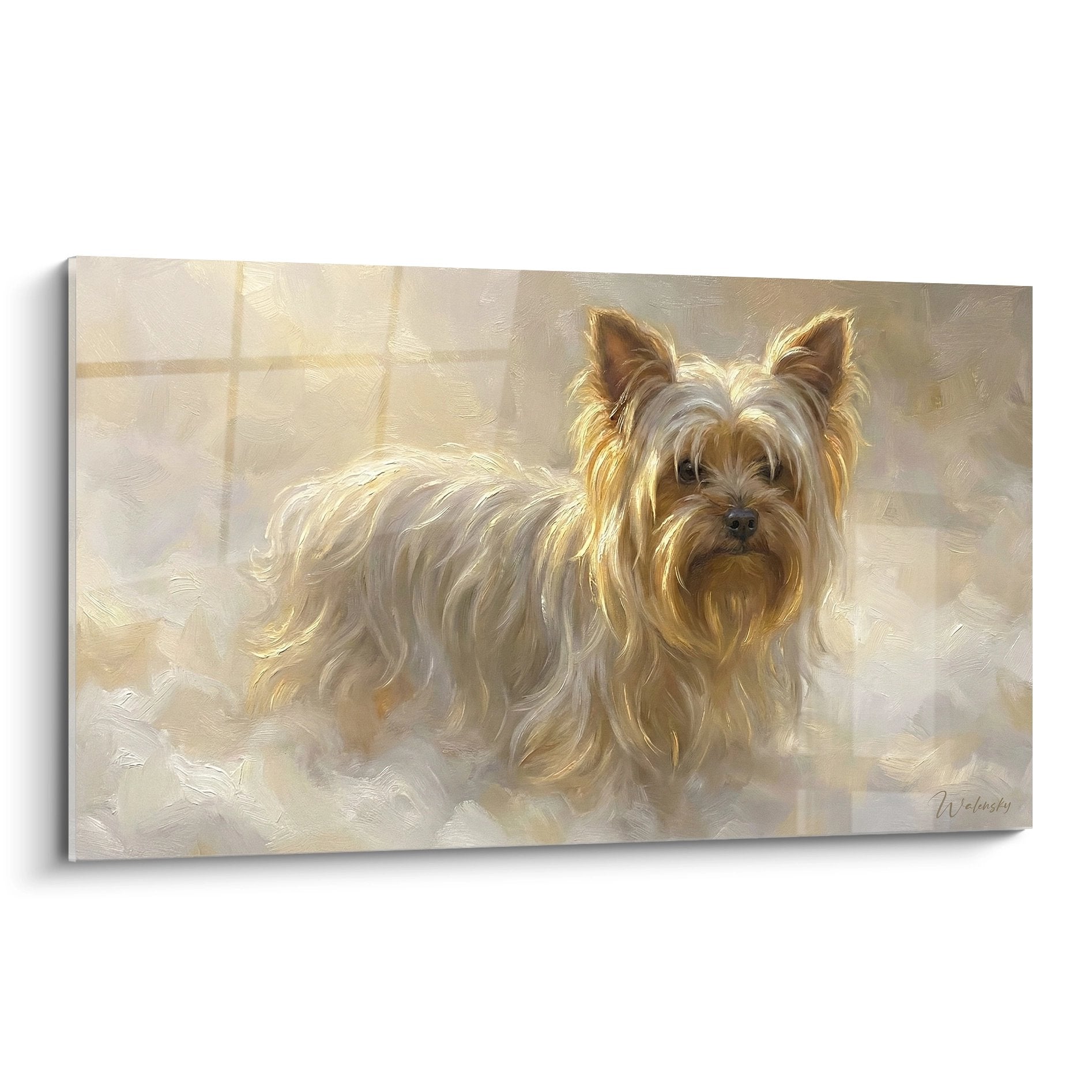 Tableau Yorkshire Terrier aux reflets dorés dans lumière douce, portrait animalier tons beiges
