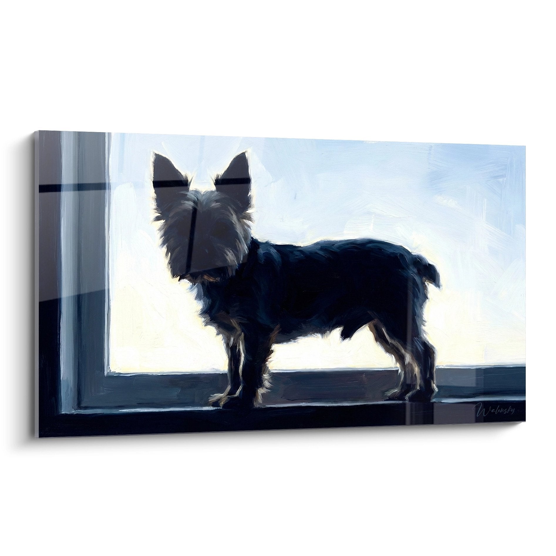 Tableau Yorkshire Terrier silhouette fenêtre tons bleus contemplation matinale lumière naturelle