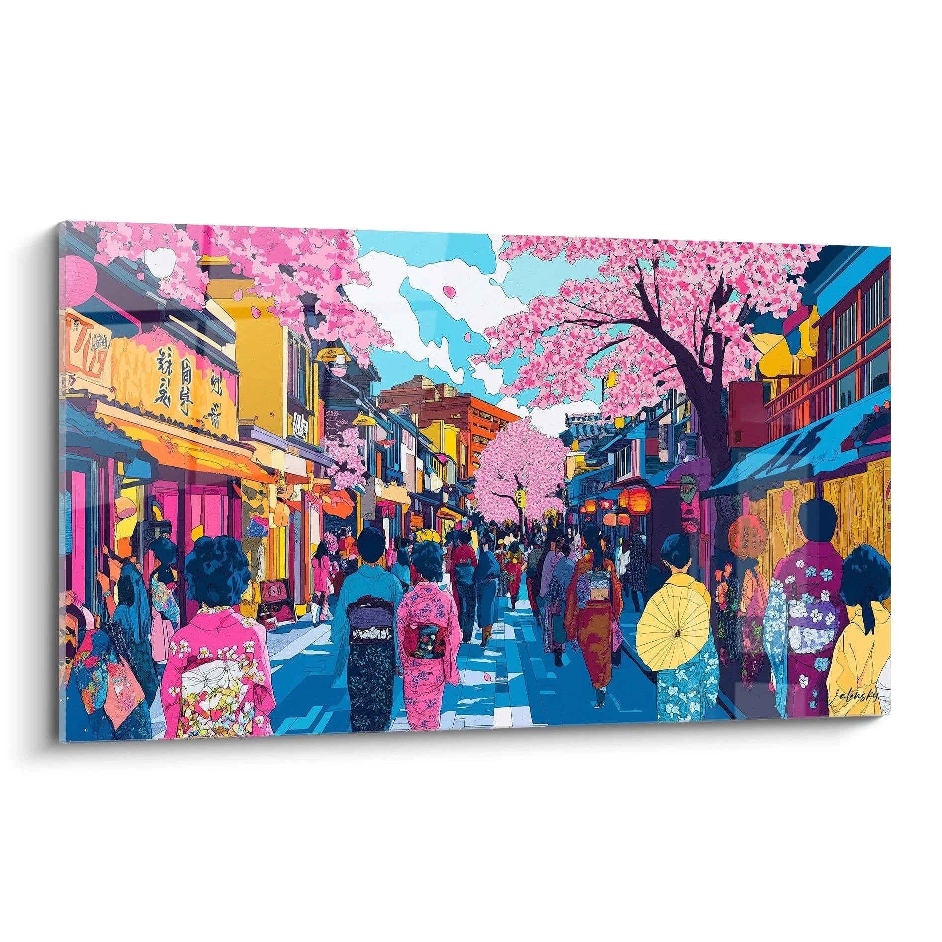 Tableau japonais Walensky représentant une rue animée au printemps avec cerisiers en fleurs et personnes en kimonos