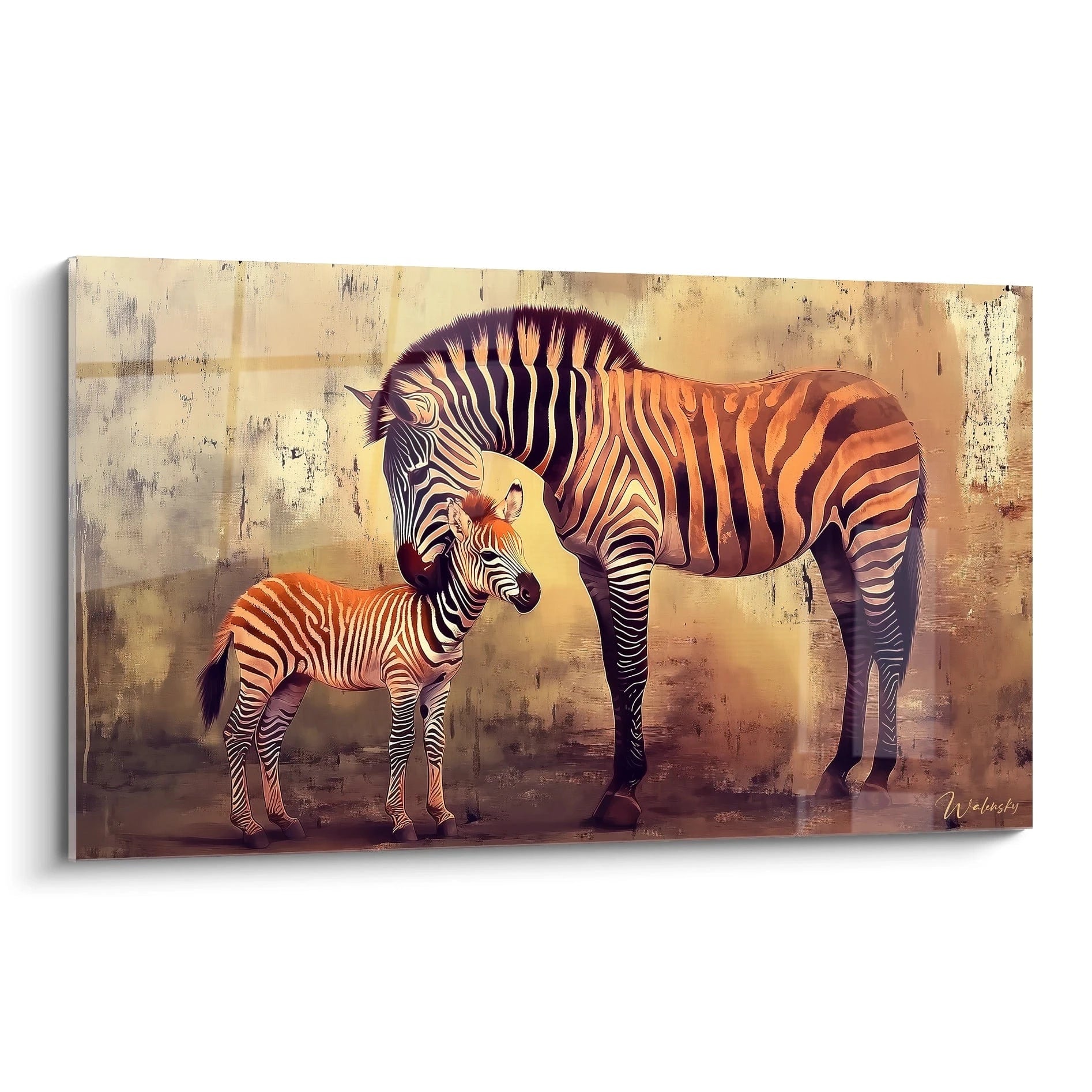 Tableau zèbre Walensky représentant un zèbre adulte et son petit dans un style artistique chaleureux