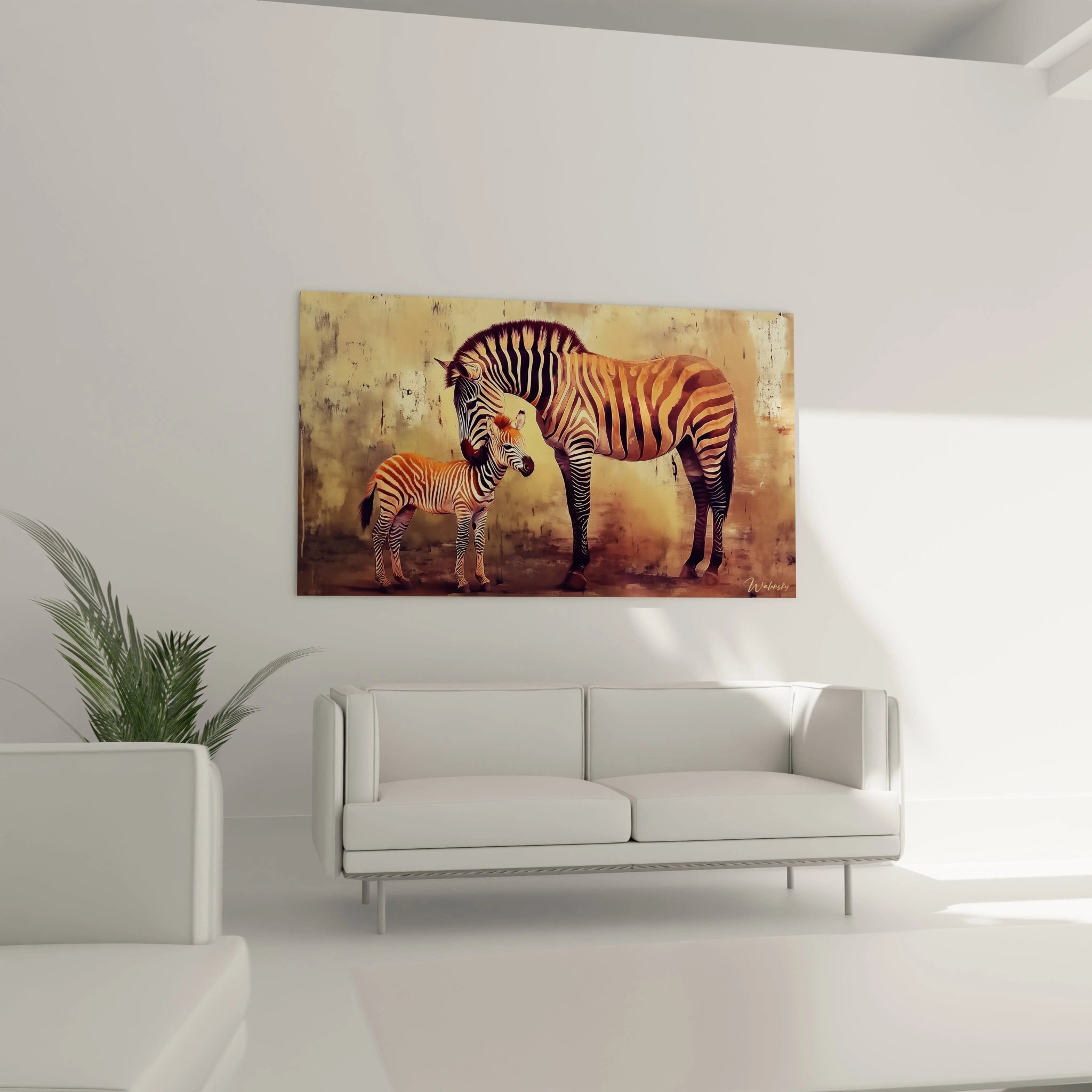 Tableau Walensky zèbre avec motif mère et bébé zèbre dans un salon moderne blanc