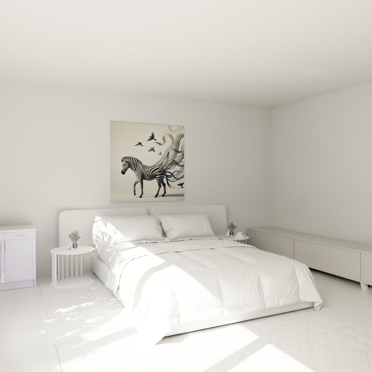 Silhouette du zèbre aux mèches grises envolées en oiseaux, accrochée au-dessus d'un lit dans une chambre claire