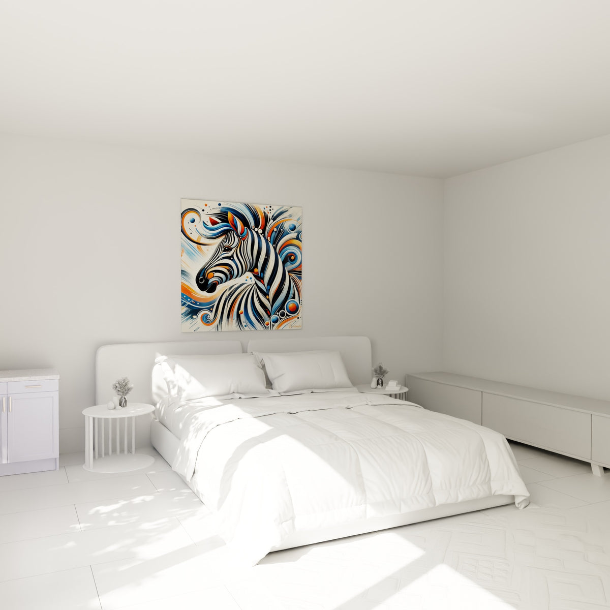 Crinière tourbillonnante bleu marine et orange du zèbre, accrochée au-dessus d'un lit dans une chambre claire