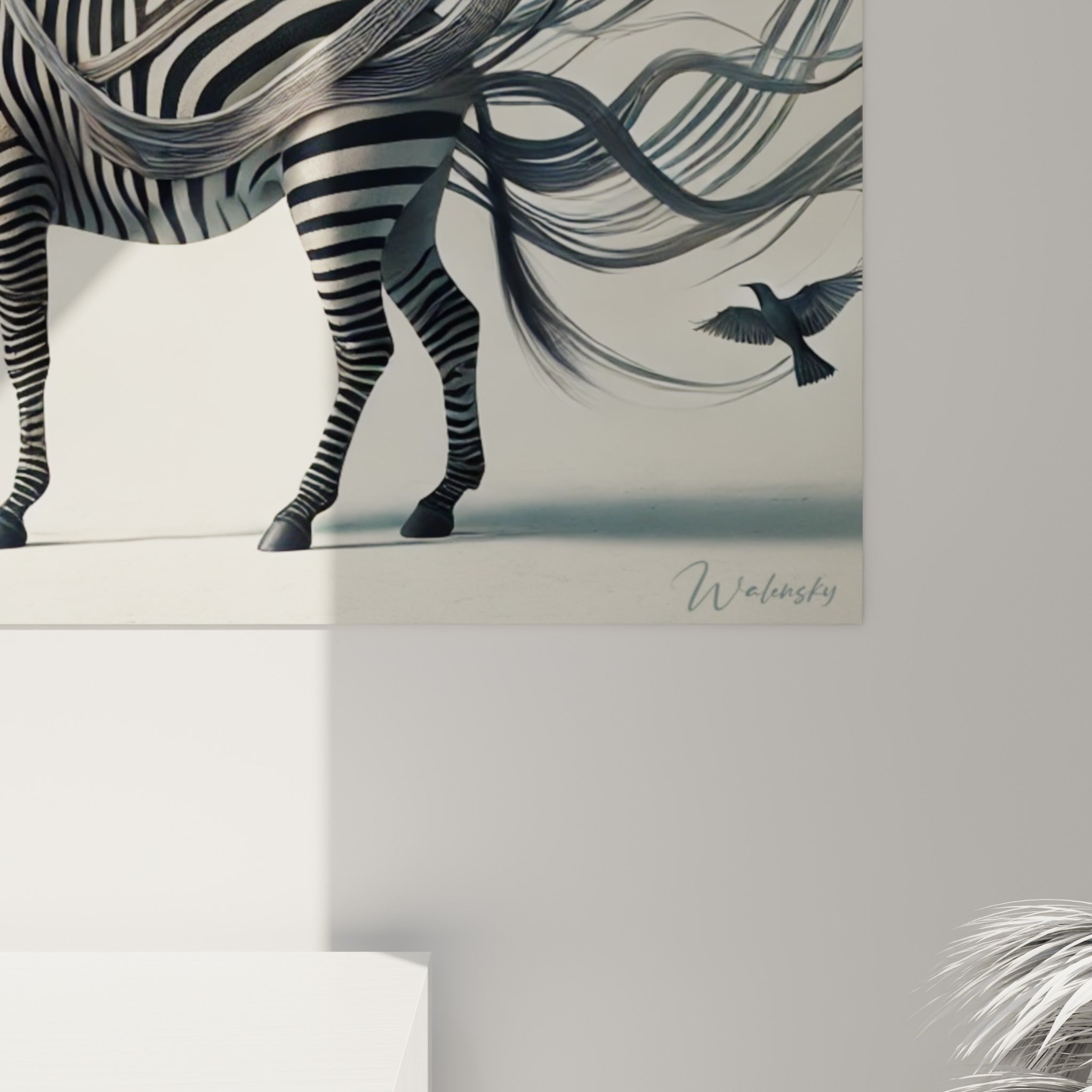 Détail des mèches anthracite et blanches du zèbre où le grain de l'impression révèle chaque strie fine