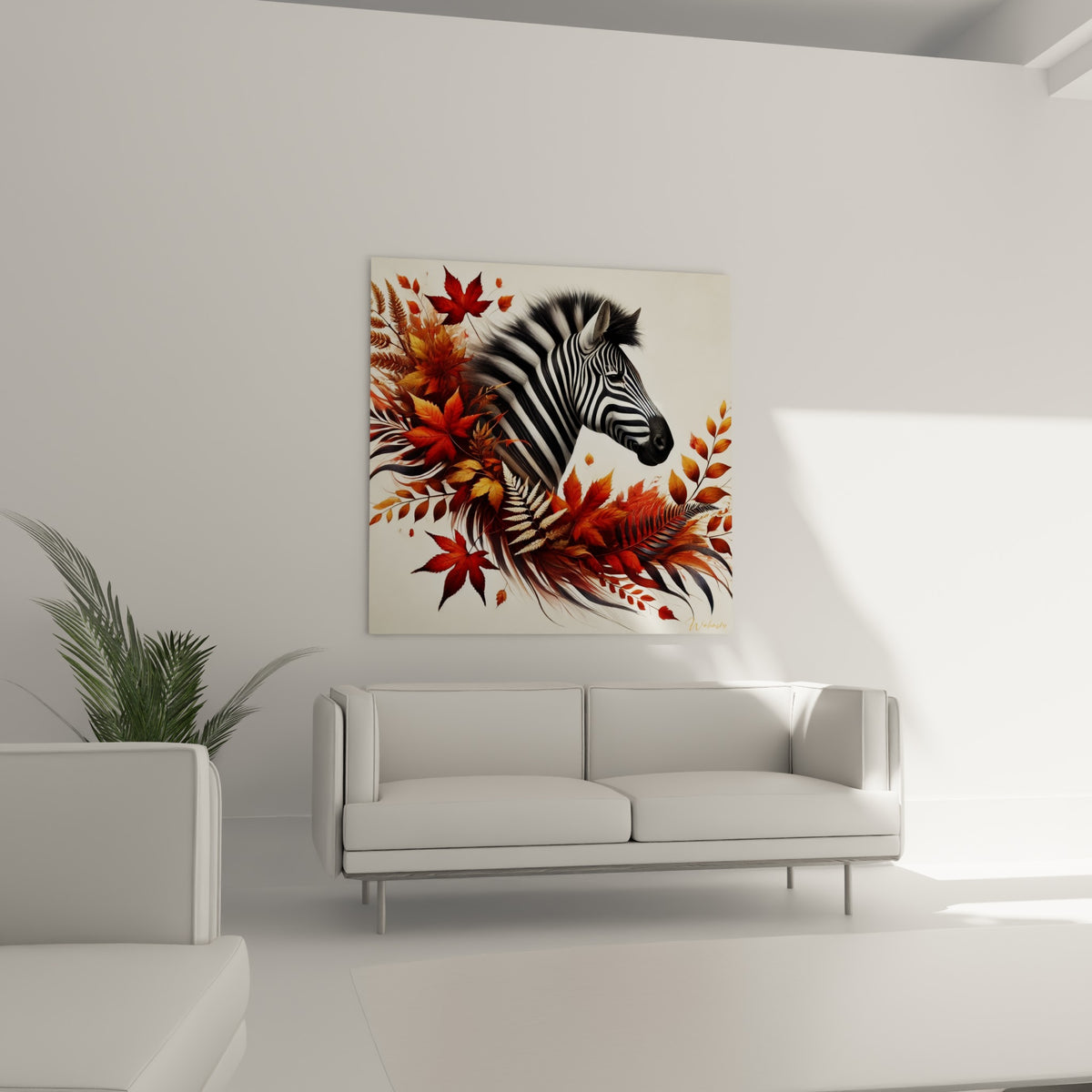 Zèbre à crinière sombre parmi les feuilles rouges et cuivrées au-dessus d'un canapé dans un salon lumineux