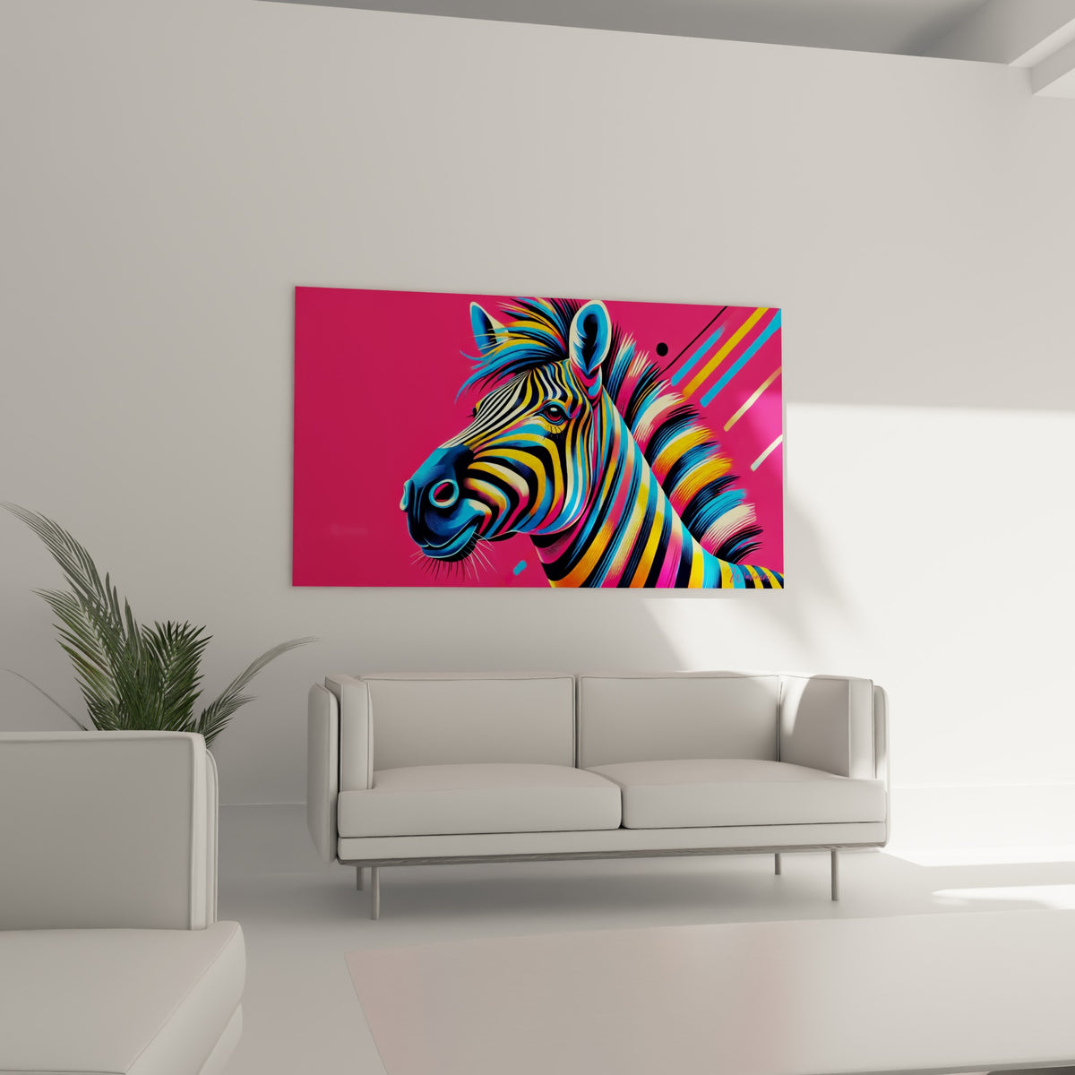 Tête de zèbre pop art bleu électrique et jaune sur fond rose au-dessus d'un canapé dans un salon lumineux
