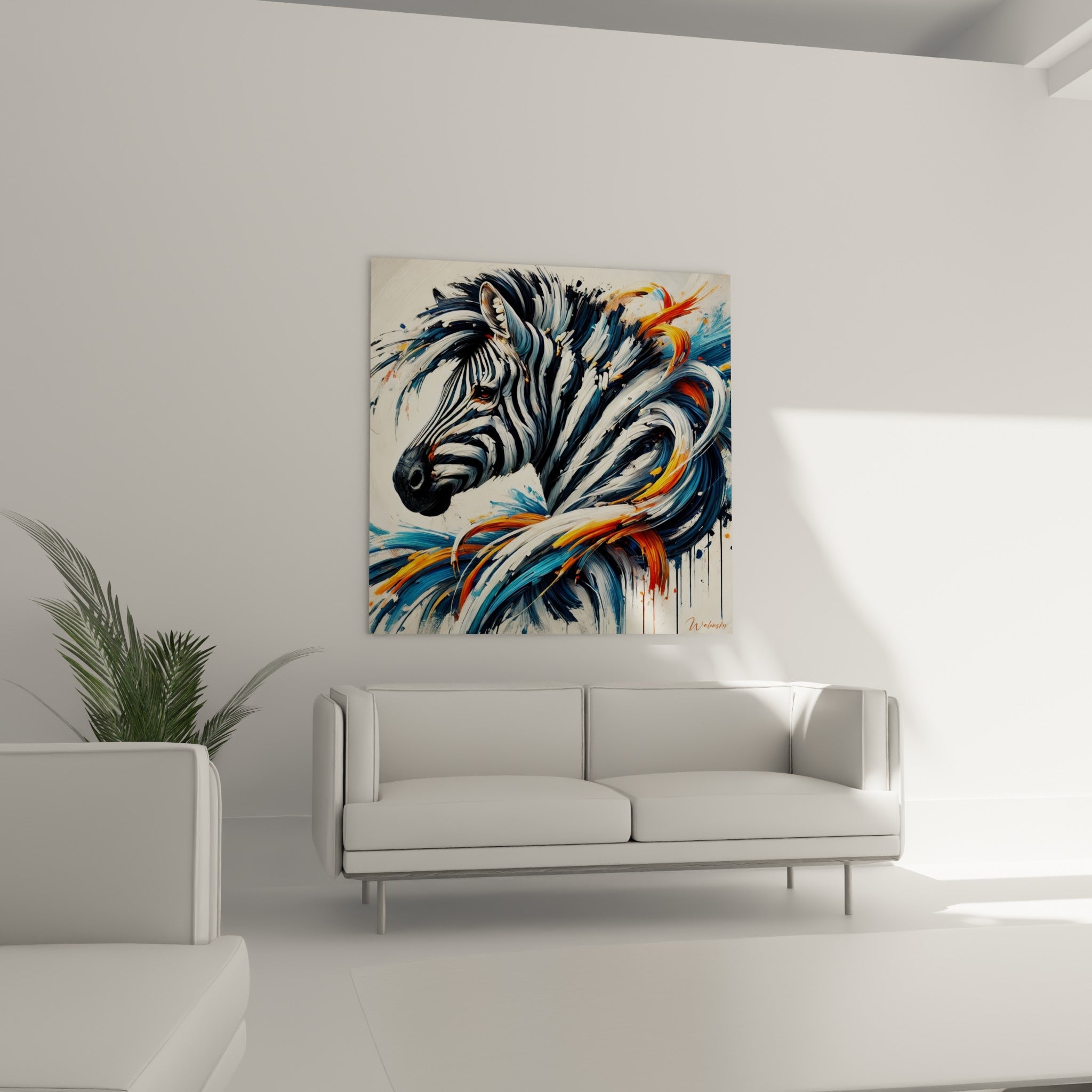 Museau de zèbre noir profond entouré de mèches bleu pastel et orange, au-dessus d'un canapé dans un salon lumineux