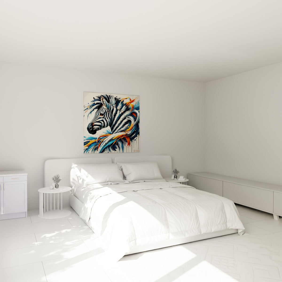 Crinière de zèbre bleu marine et orange vif peinte au couteau, au-dessus d'un lit dans une chambre claire