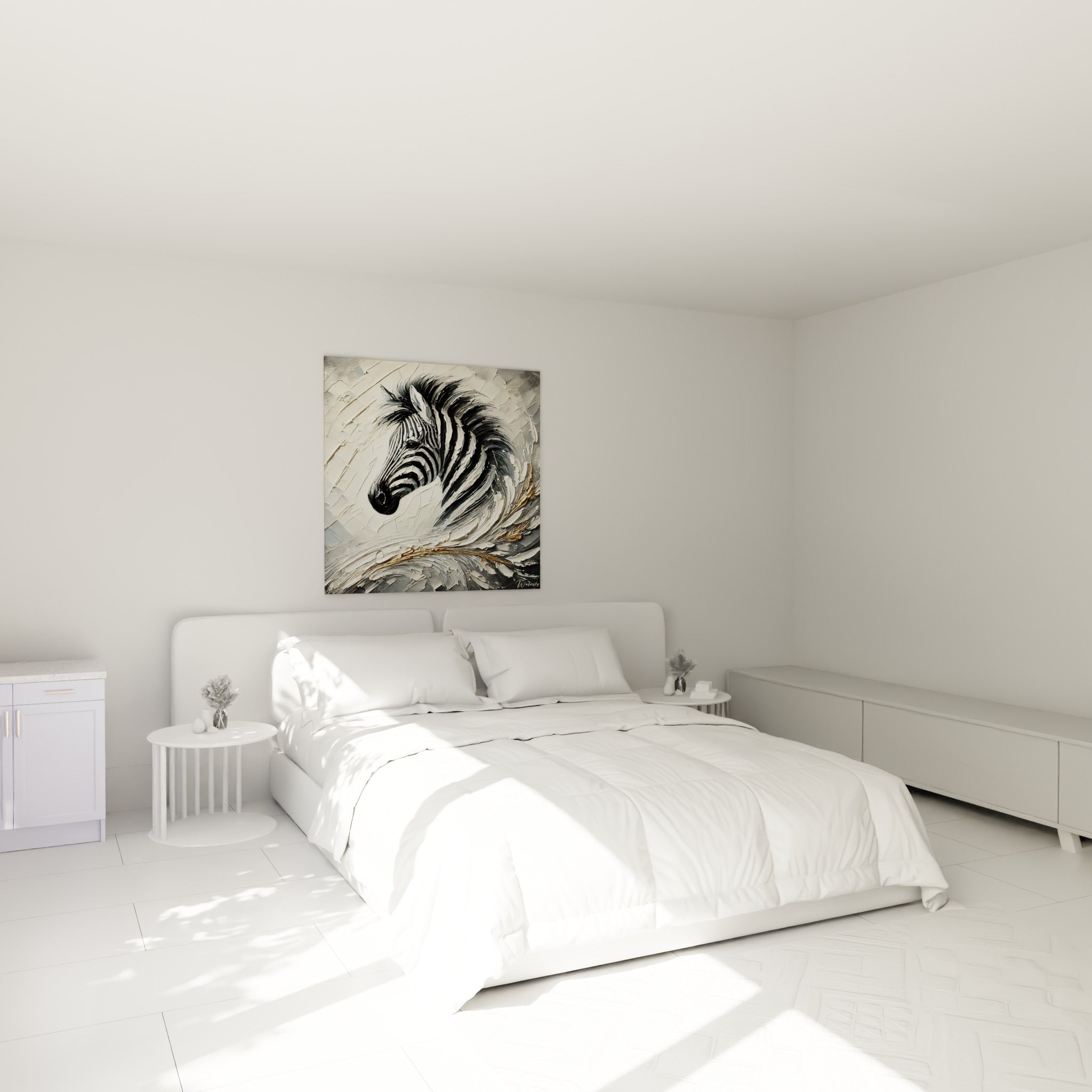Crinière tourbillonnante du zèbre en noir et doré, au-dessus d'un lit dans une chambre claire