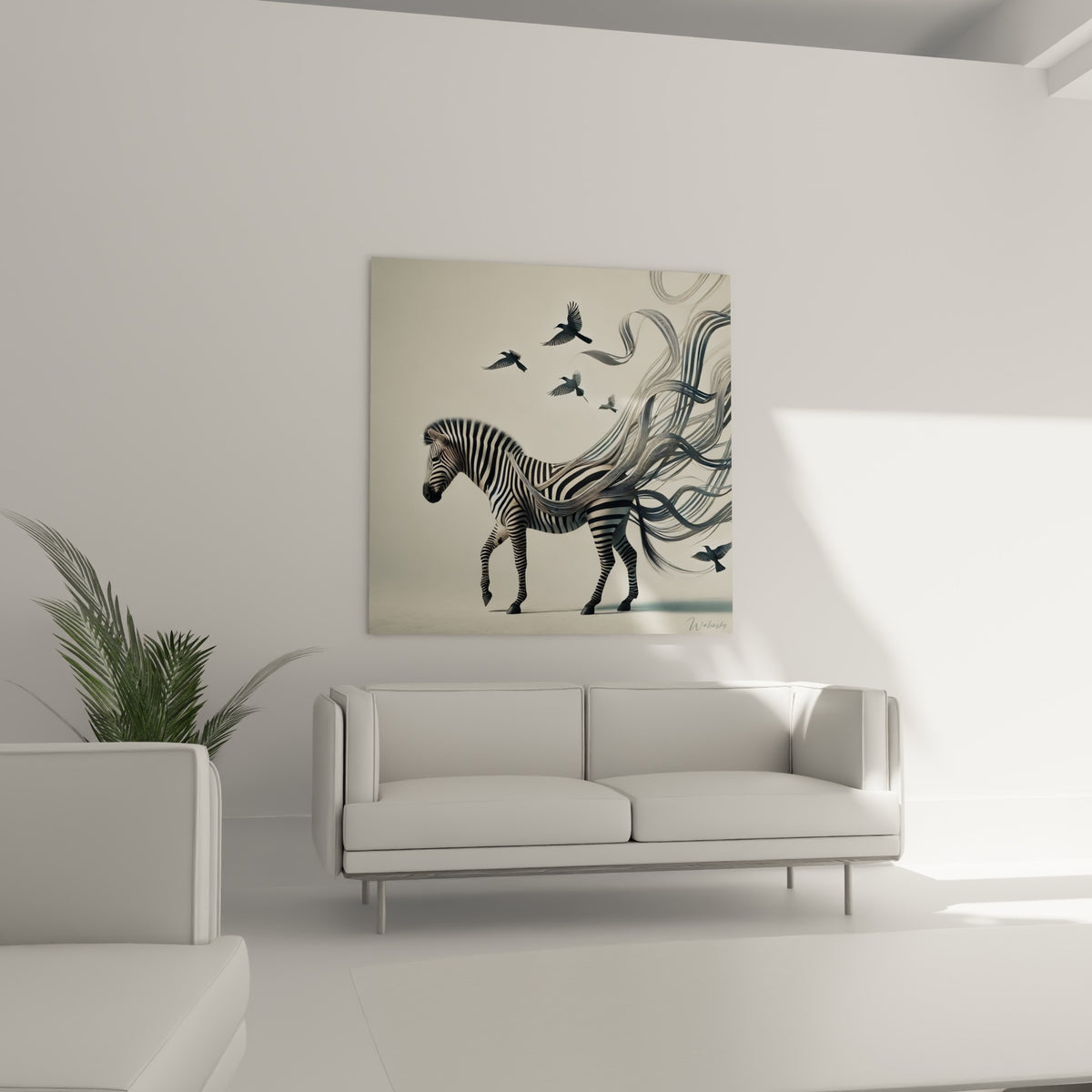 Rayures noires et blanches du zèbre se muant en plumes d'oiseaux, au-dessus d'un canapé dans un salon lumineux