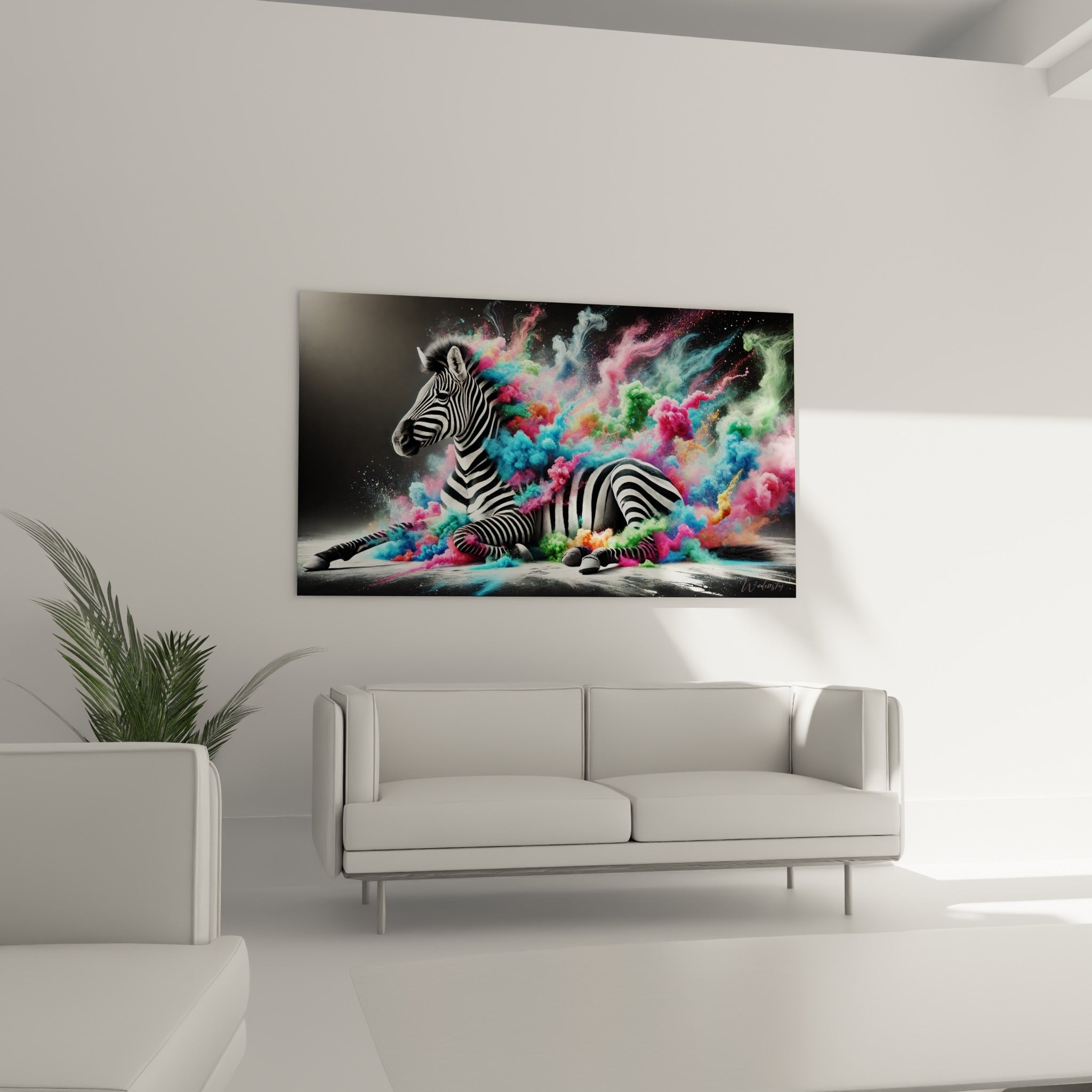 Silhouette du zèbre cerclée de nuages fuchsia et émeraude, au-dessus d'un canapé dans un salon lumineux