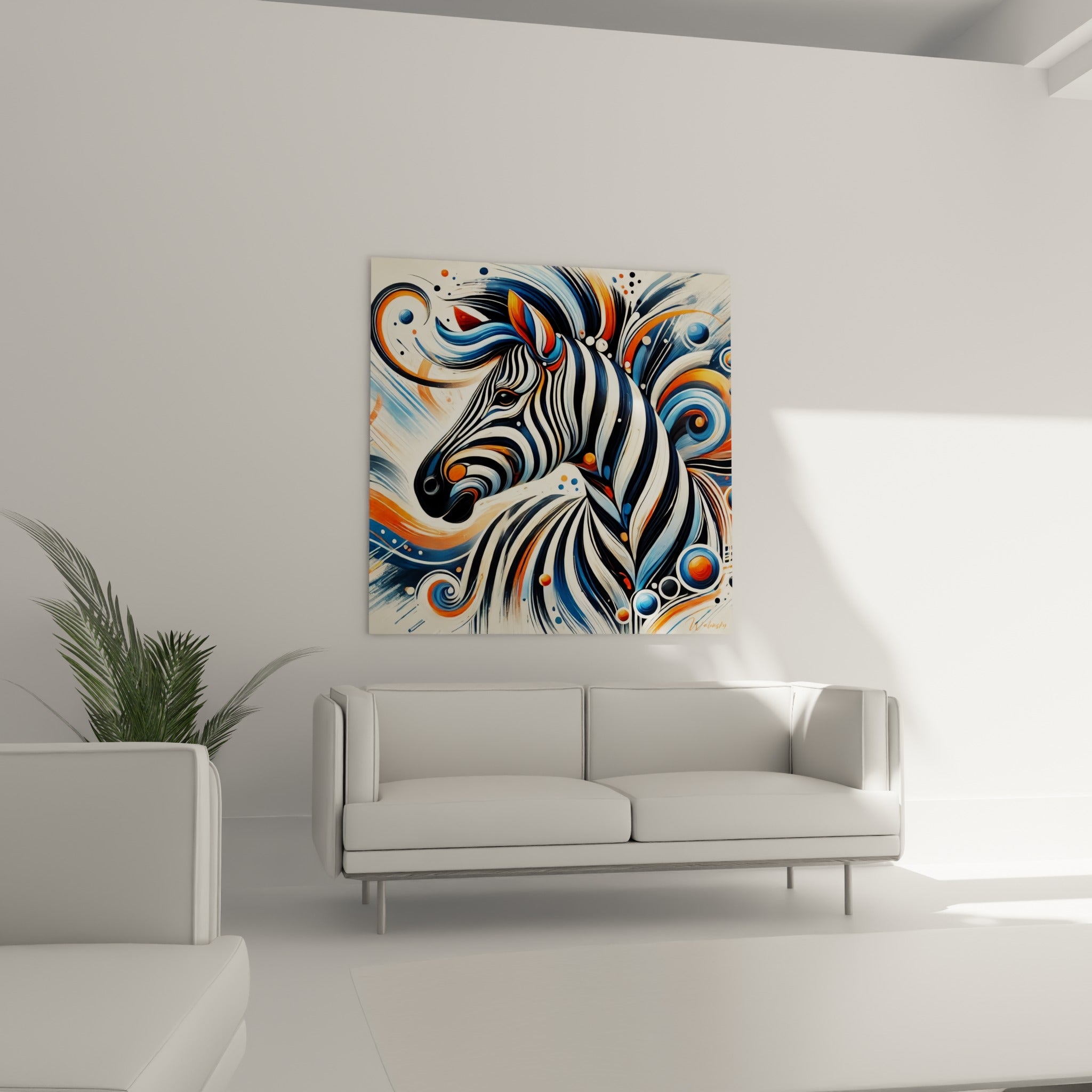 Tête de zèbre aux teintes orange et crème, disposée au-dessus d'un canapé dans un salon lumineux
