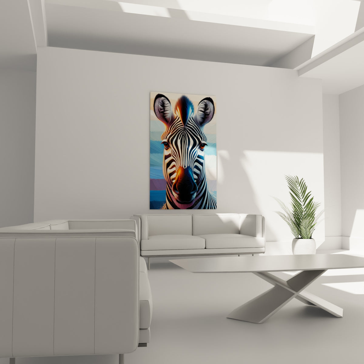 Portrait de zèbre bleu pastel et terracotta accroché au-dessus d'un canapé dans un salon lumineux