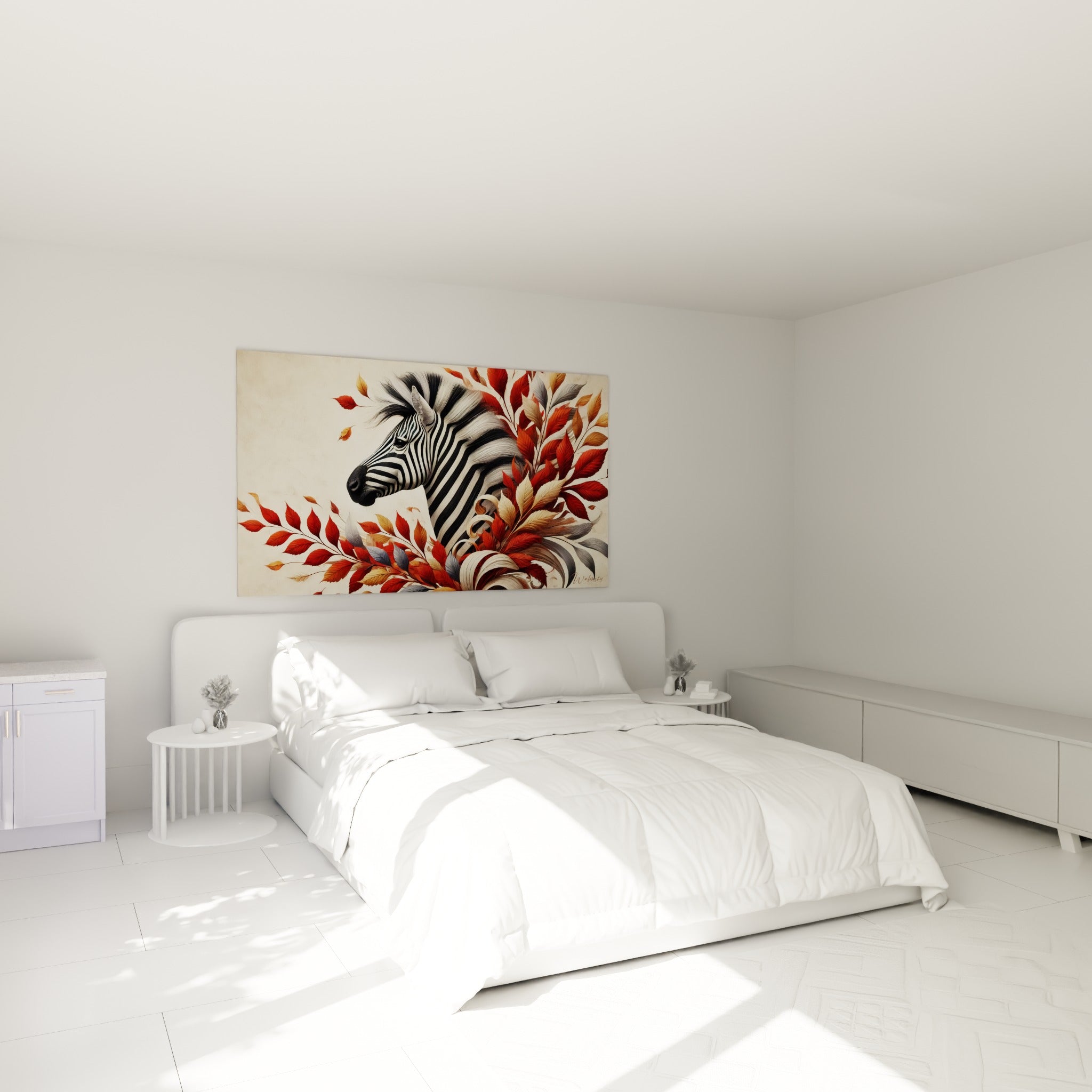 Profil de zèbre orné de feuillage rouge et doré, accroché au-dessus d'un lit dans une chambre claire