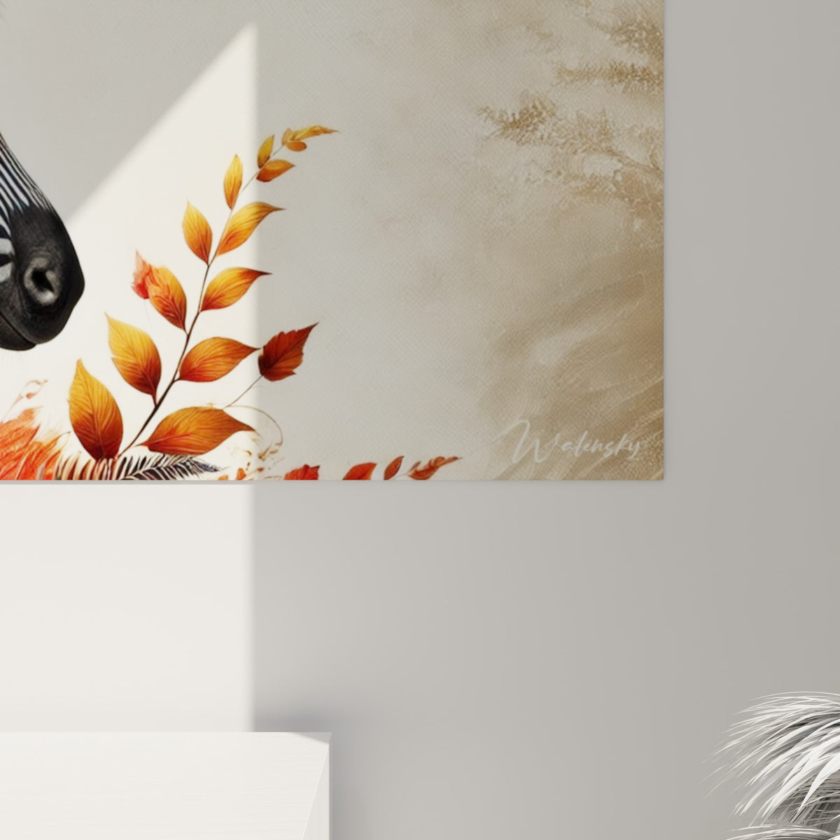Détail des rayures noires du zèbre et des feuilles terracotta peintes en touches fines et texturées