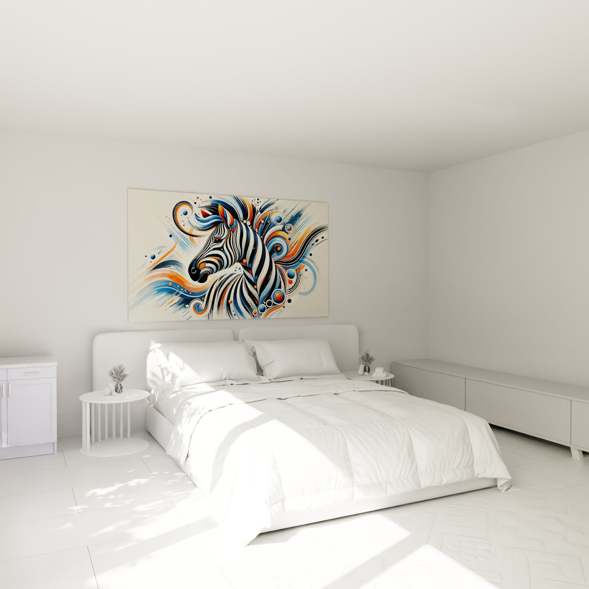 Zèbre stylisé aux touches orange vif et bleu marine, au-dessus d'un lit dans une chambre claire