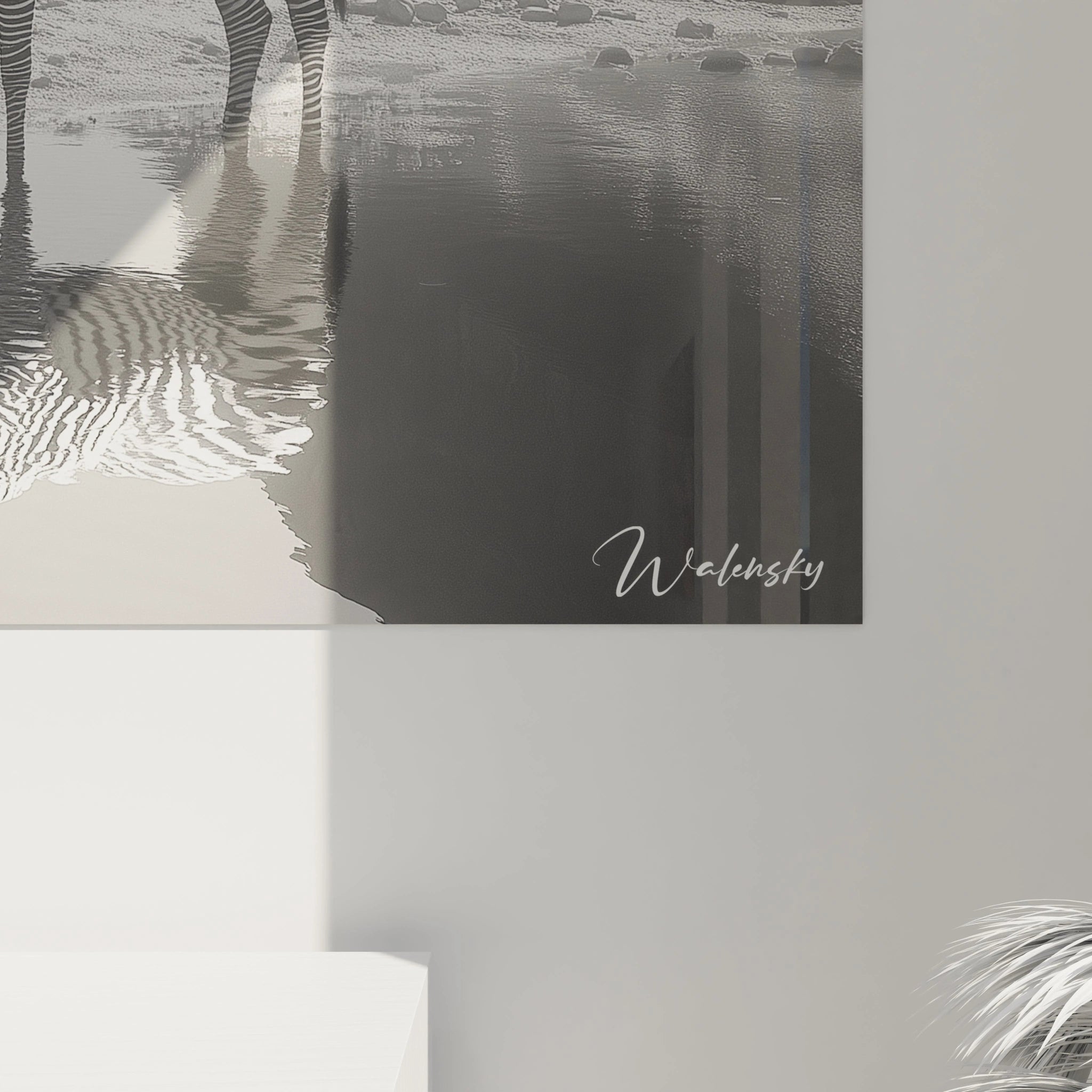 Tableau zèbre Walensky noir et blanc avec reflet d'eau pour décoration murale moderne