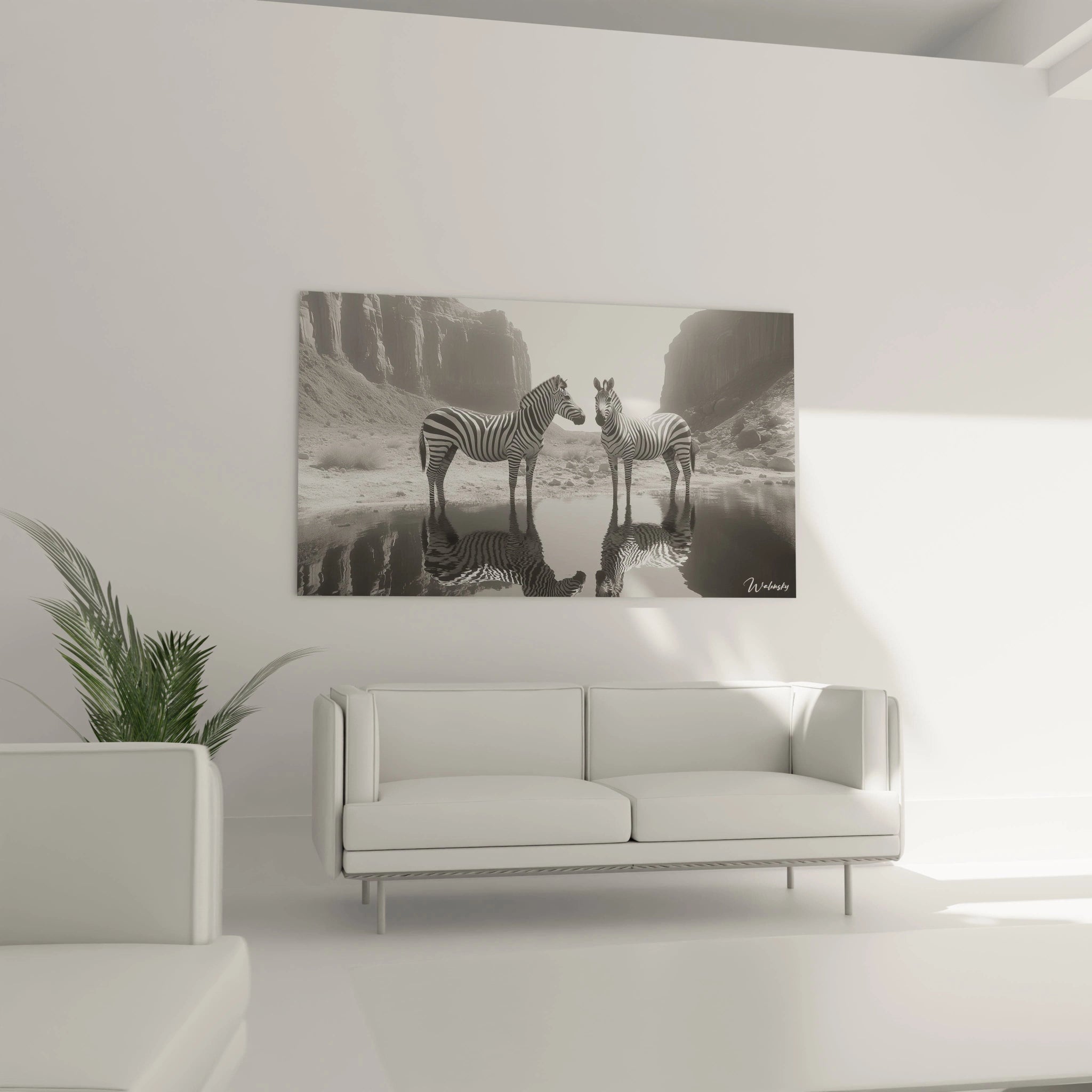 Tableau zèbre Walensky en noir et blanc avec deux zèbres et reflet dans un décor minimaliste