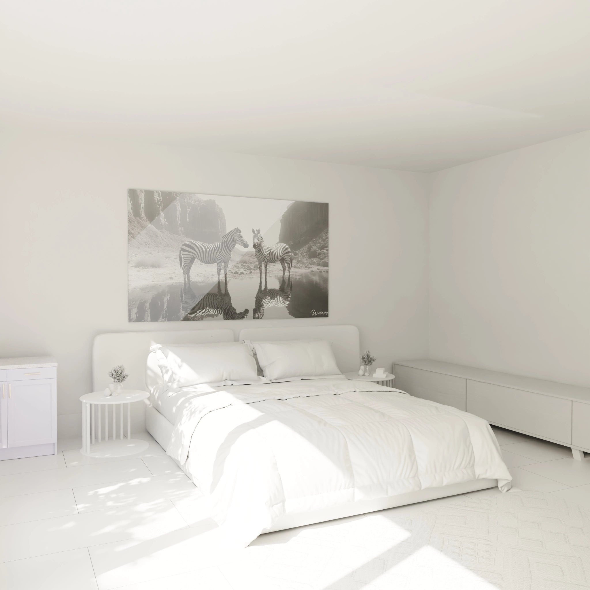 Tableau zèbre Walensky en noir et blanc au-dessus d'un lit moderne dans une chambre minimaliste