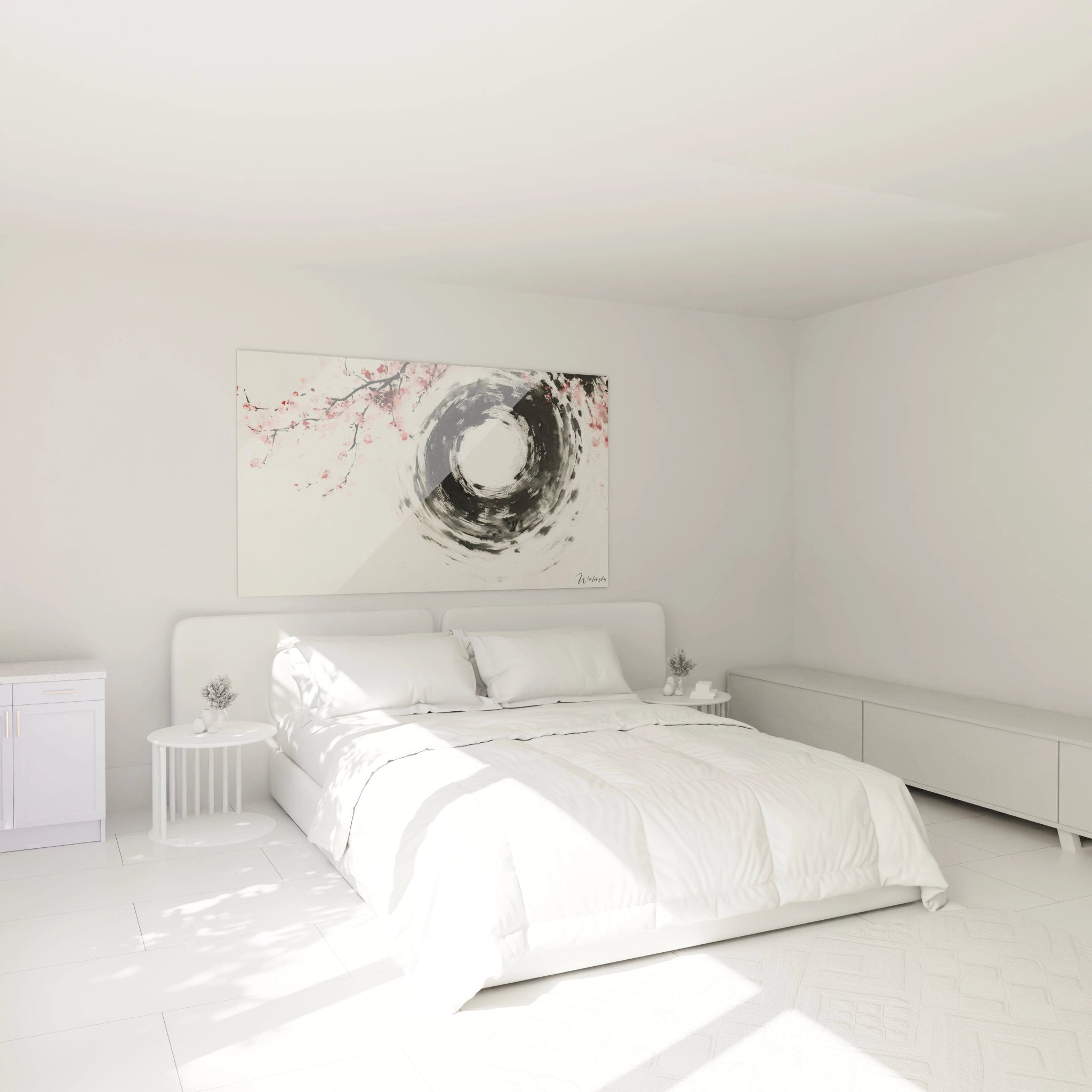 Un tableau spirale zen associant un vortex circulaire noir intense à centre blanc avec des branches fleuries roses, créant une composition équilibrée entre mouvement dynamique et délicatesse naturelle sur fond immaculé aux textures variées.