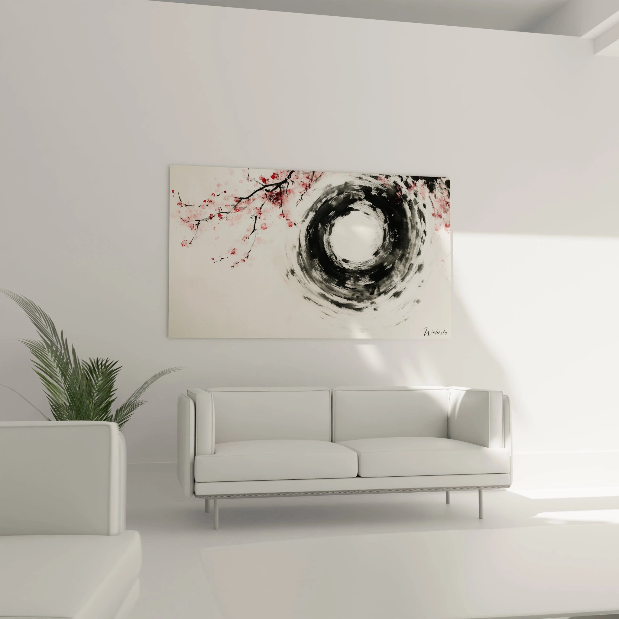 Un tableau abstrait spirale minimaliste où un cercle d'encre noire tourbillonnant rencontre des fleurs de cerisier roses, évoquant la tradition japonaise par ses contrastes prononcés et ses coups de pinceau fluides sur papier blanc texturé.