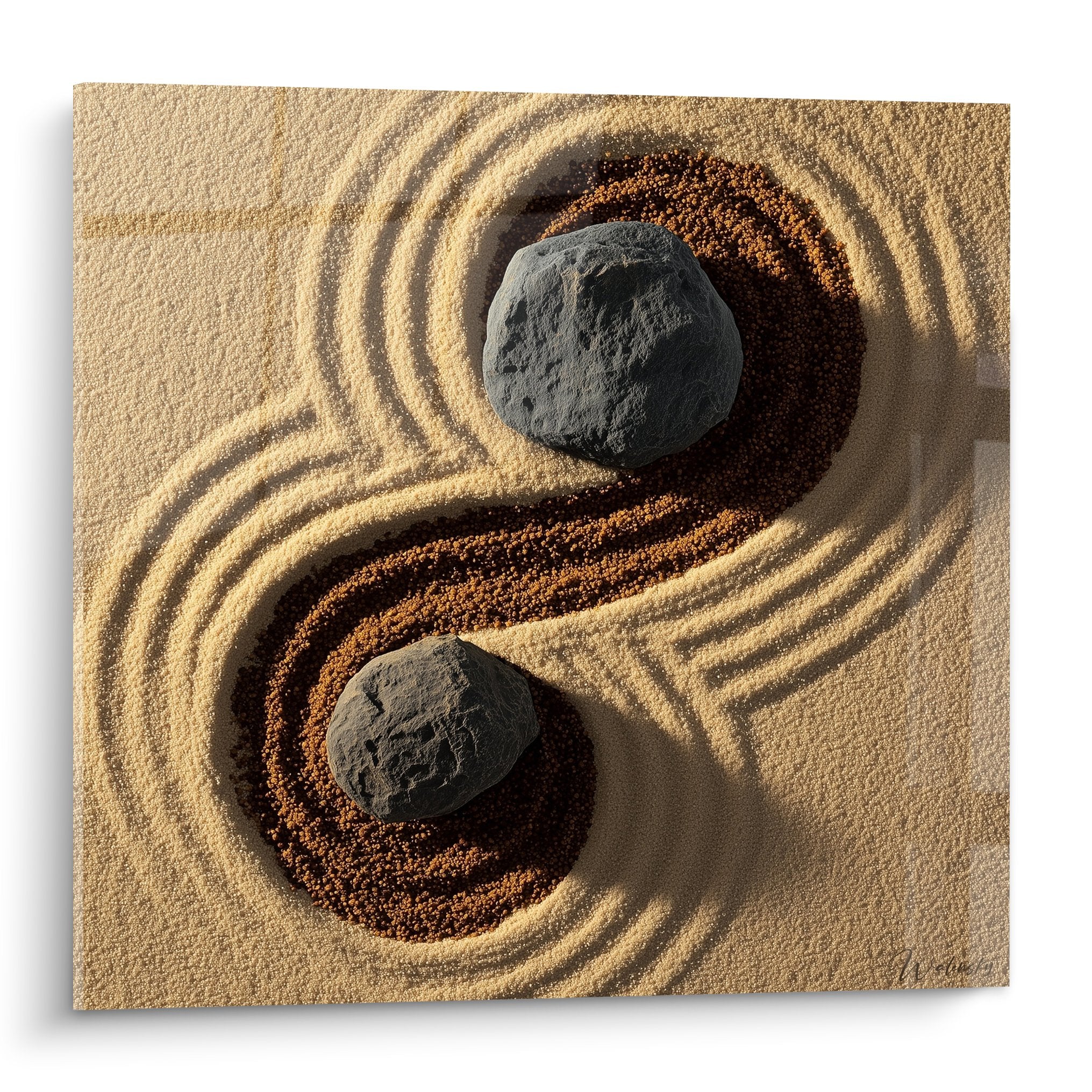 Zen-Kunstwerk graue Steine konzentrische Kreise beige Sand Ocker Meditation Harmonie Sand-Edition