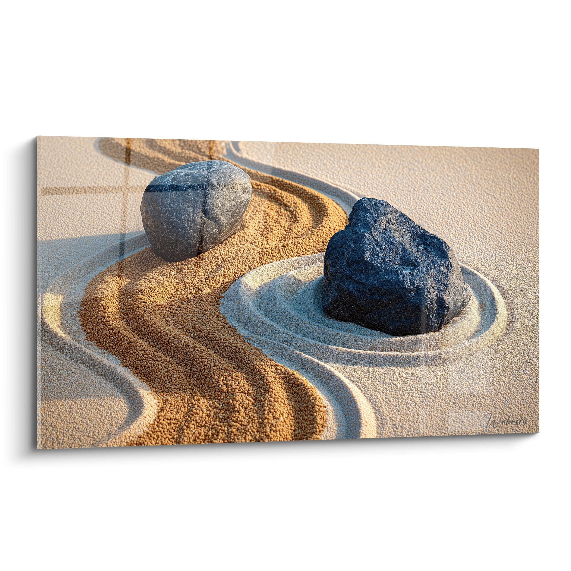 zen painting blue rocks golden spirals beige sand soothing wall decoration sand edition